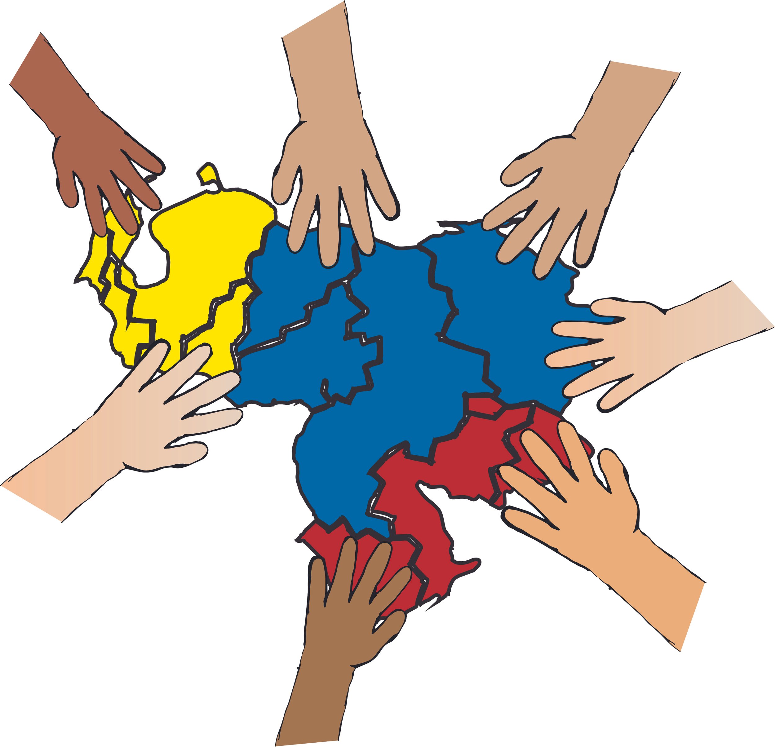 A picture of the map of Venezuela broken into pieces and hands showing in top to put the pieces together