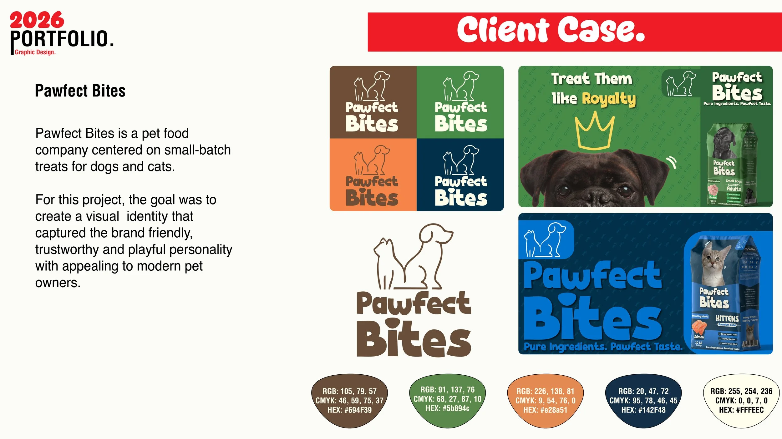 Design board for Pawfect Bites pet treats, featuring colorful packaging and brand logos for dogs and cats, with color palette swatches at the bottom indicating brand colors.
