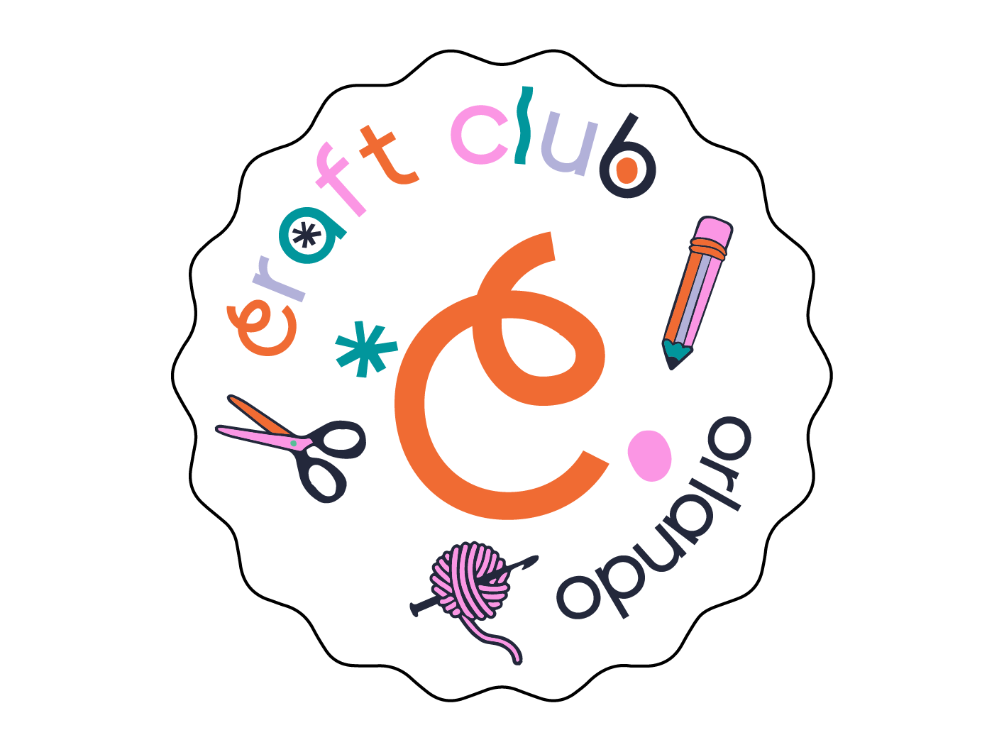Circular design featuring the words 'craft', 'origami', 'art', and a large stylized letter 'C' in the center. Includes illustrations of scissors, a pencil, and a ball of yarn.