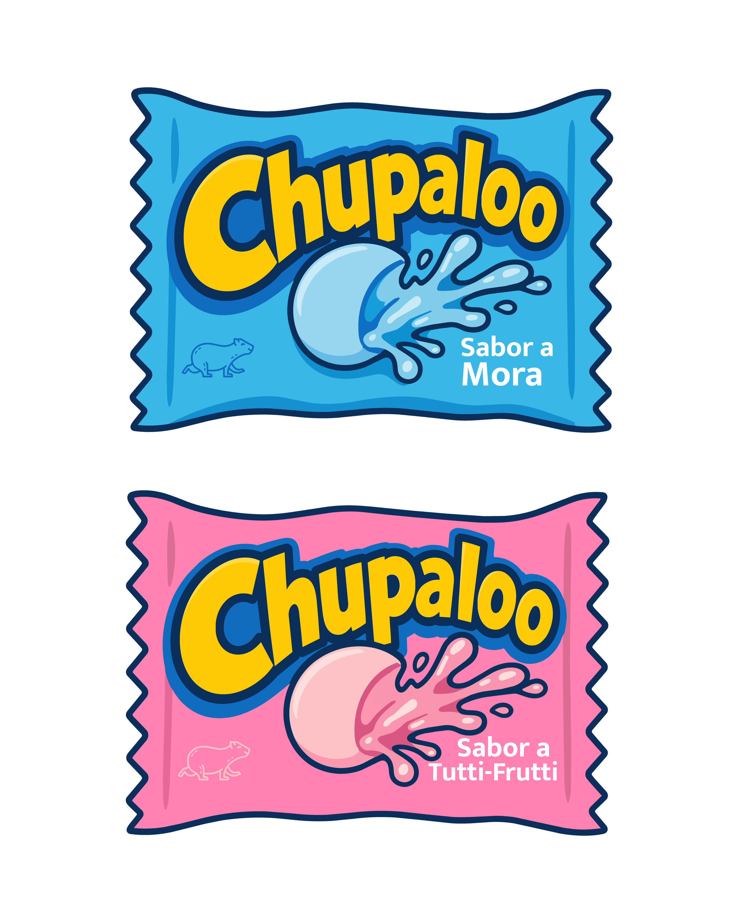 Two colorful candy wrappers, one blue and one pink with splash illustrations and flavor descriptions in Spanish.