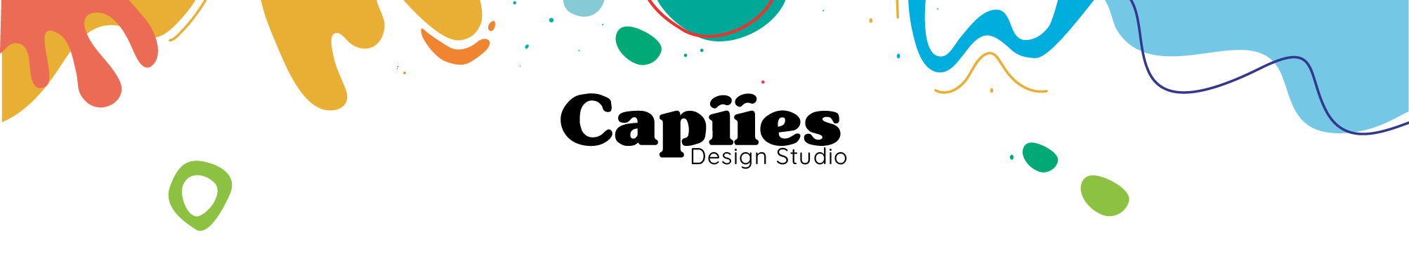 Colorful abstract paint splashes surrounding the black text "Capiies Design Studio" on a white background.