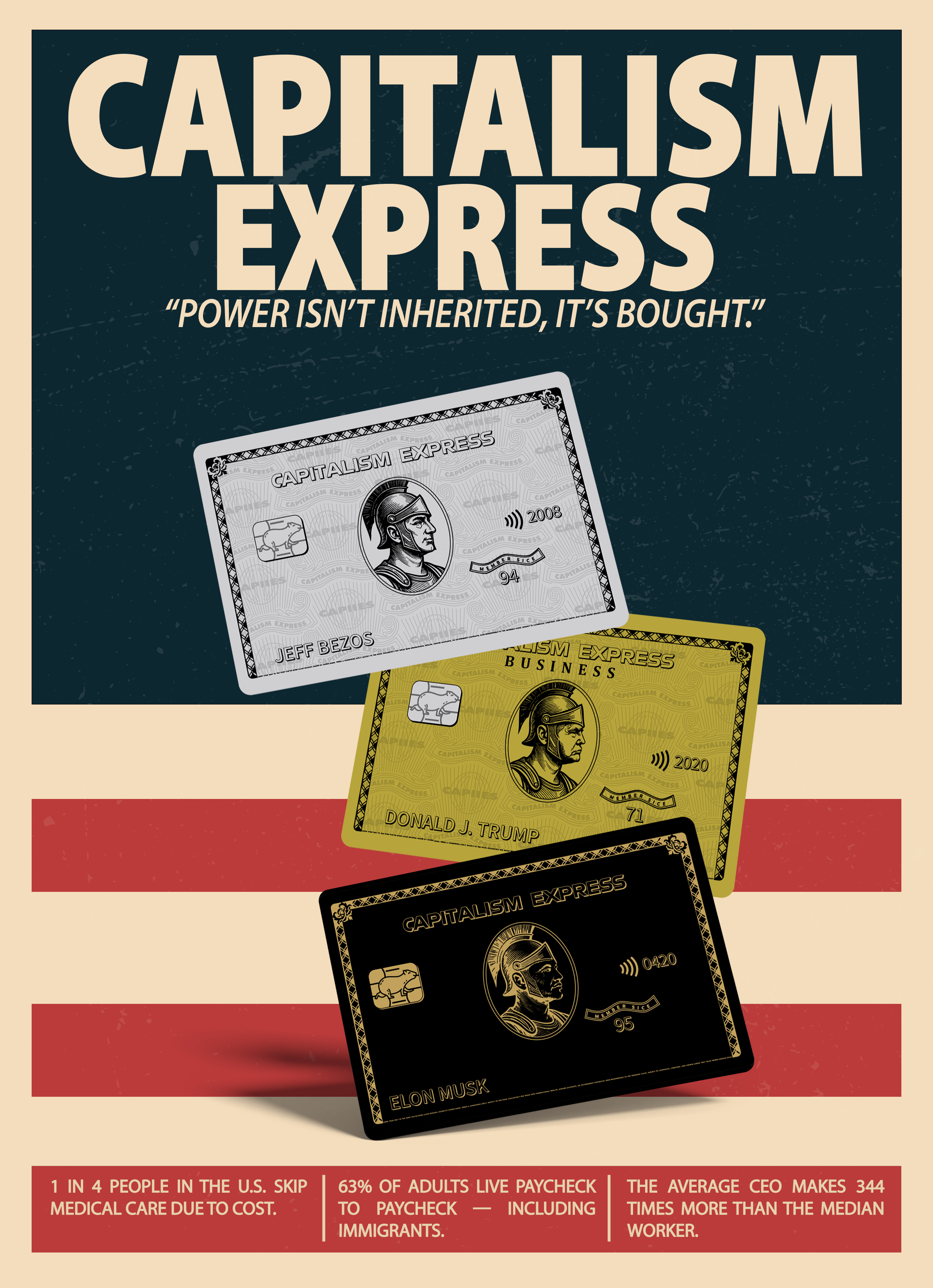 An infographic promoting capitalism express with three different colored cards, each depicting a famous leader or figure: Jeff Bezos on a silver card, Donald J. Trump on a gold card, and Elon Musk on a black card, all bearing the capitalism express logo and a profile illustration of a helmeted warrior.