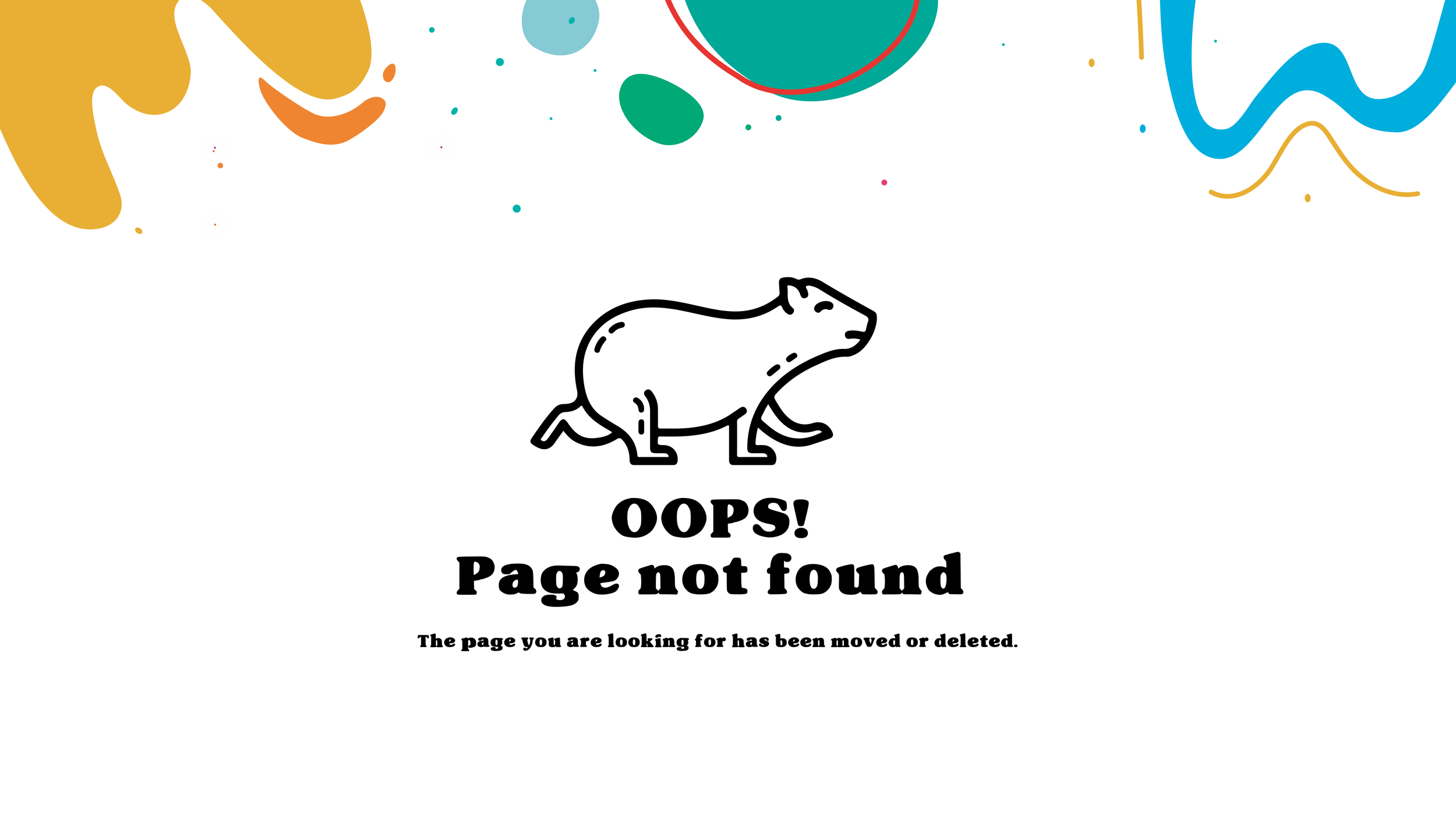 A humorous 404 error page with a cartoon rodent illustration and colorful abstract shapes at the top. The text reads 'OOPS! Page not found. The page you are looking for has been moved or deleted.'