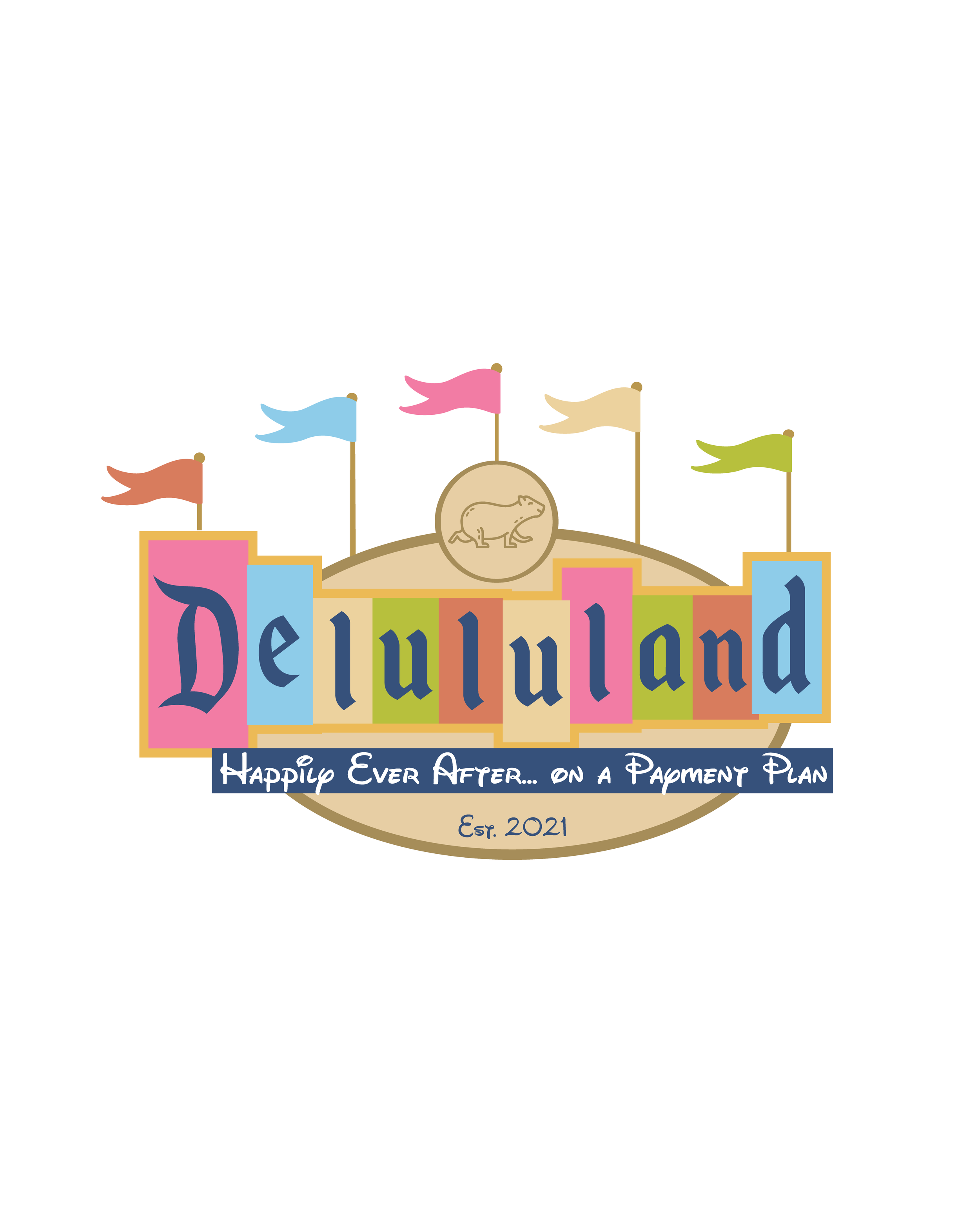 Illustration of a colorful podium with the words "Delululand" and the phrase "Happily Ever After... on a Payment Plan," featuring flags and the capiies logo in the center, with a stylized background design.