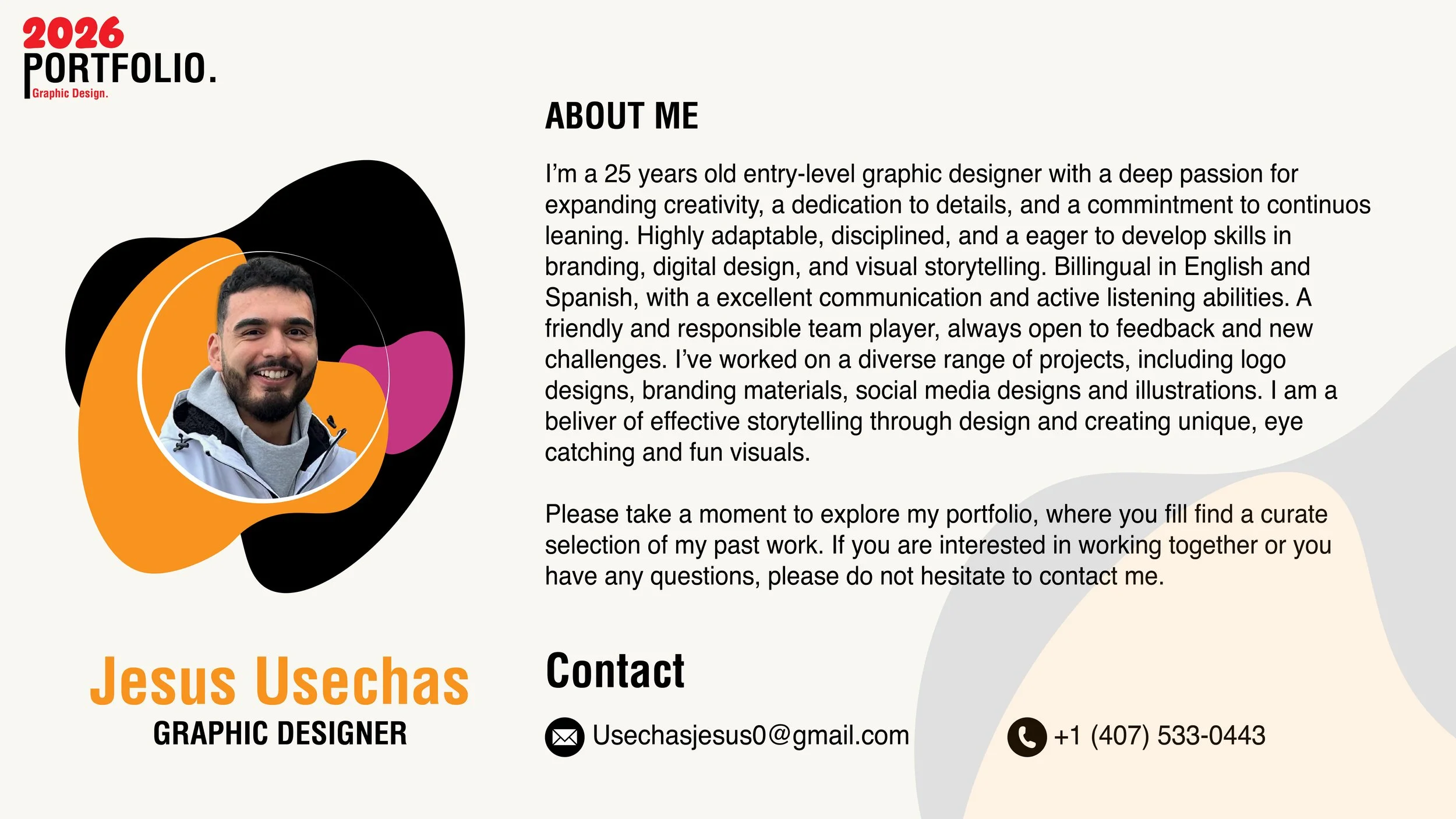A graphic design portfolio page featuring a portrait of a smiling man with dark hair and beard, wearing a white jacket. The layout includes colorful abstract shapes in black, orange, purple, and light beige, with black and orange text displaying the name 'Jesus Usechas' and his profession as a graphic designer, along with contact information and a detailed about me section.