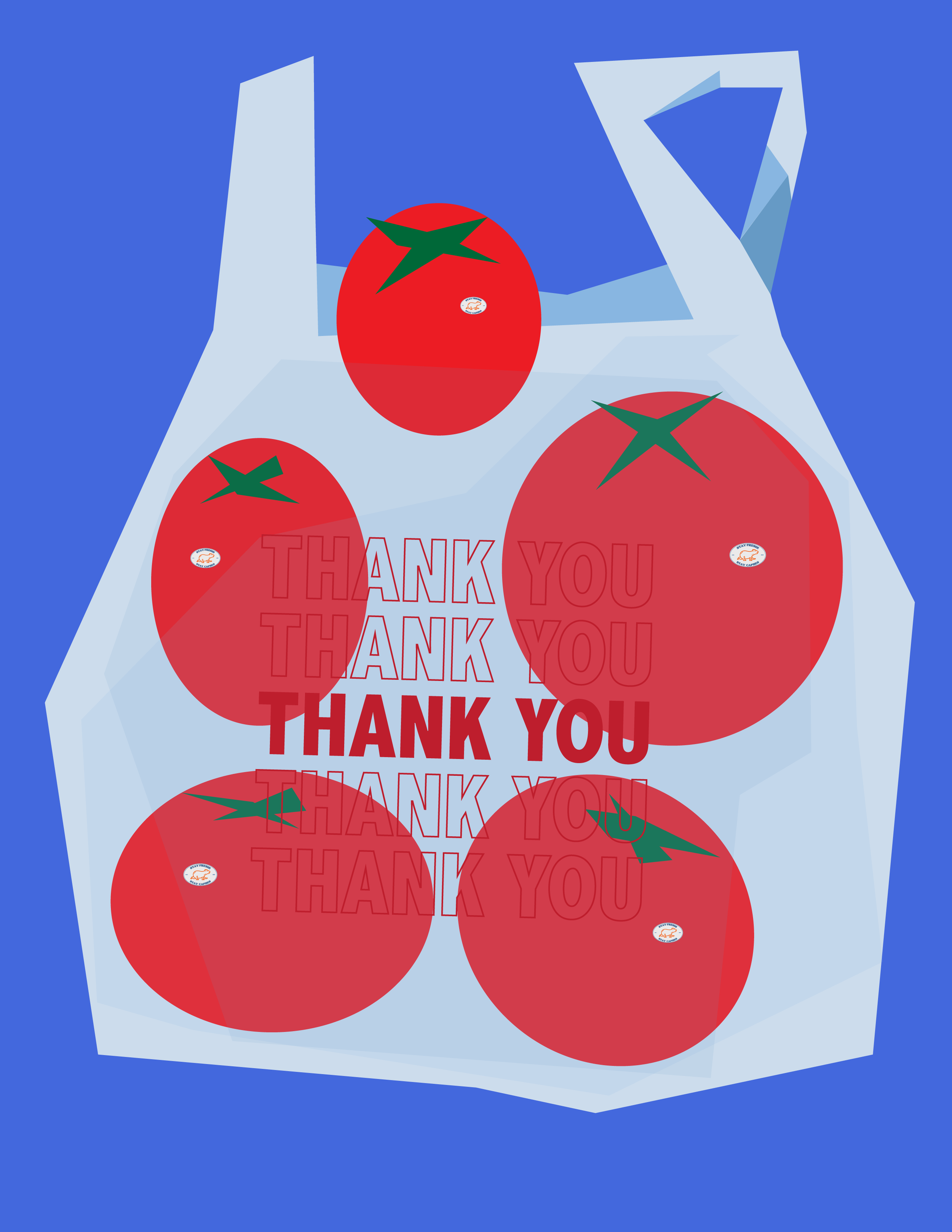 Red tomatoes with green stems inside a transparent plastic container on a blue background, with 'Thank You' written multiple times in red text over the tomatoes.