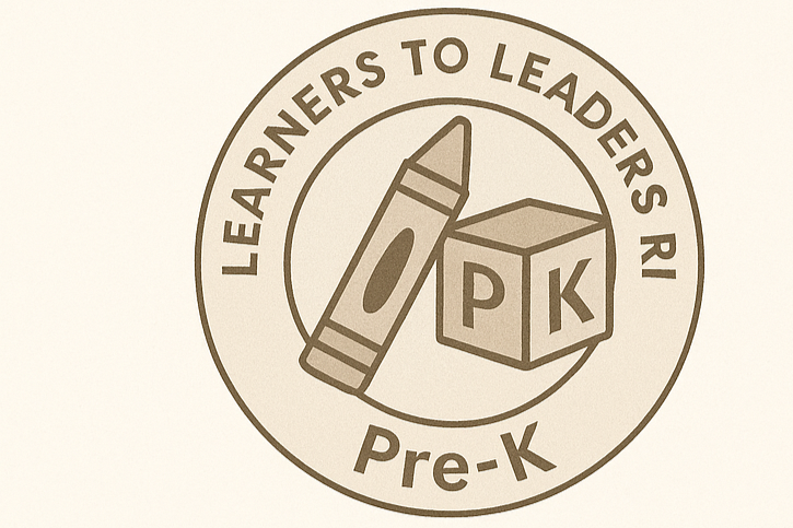 Logo for Pre-K Learners to Leaders RI, featuring a crayon and a block with 'P' and 'K' on it.