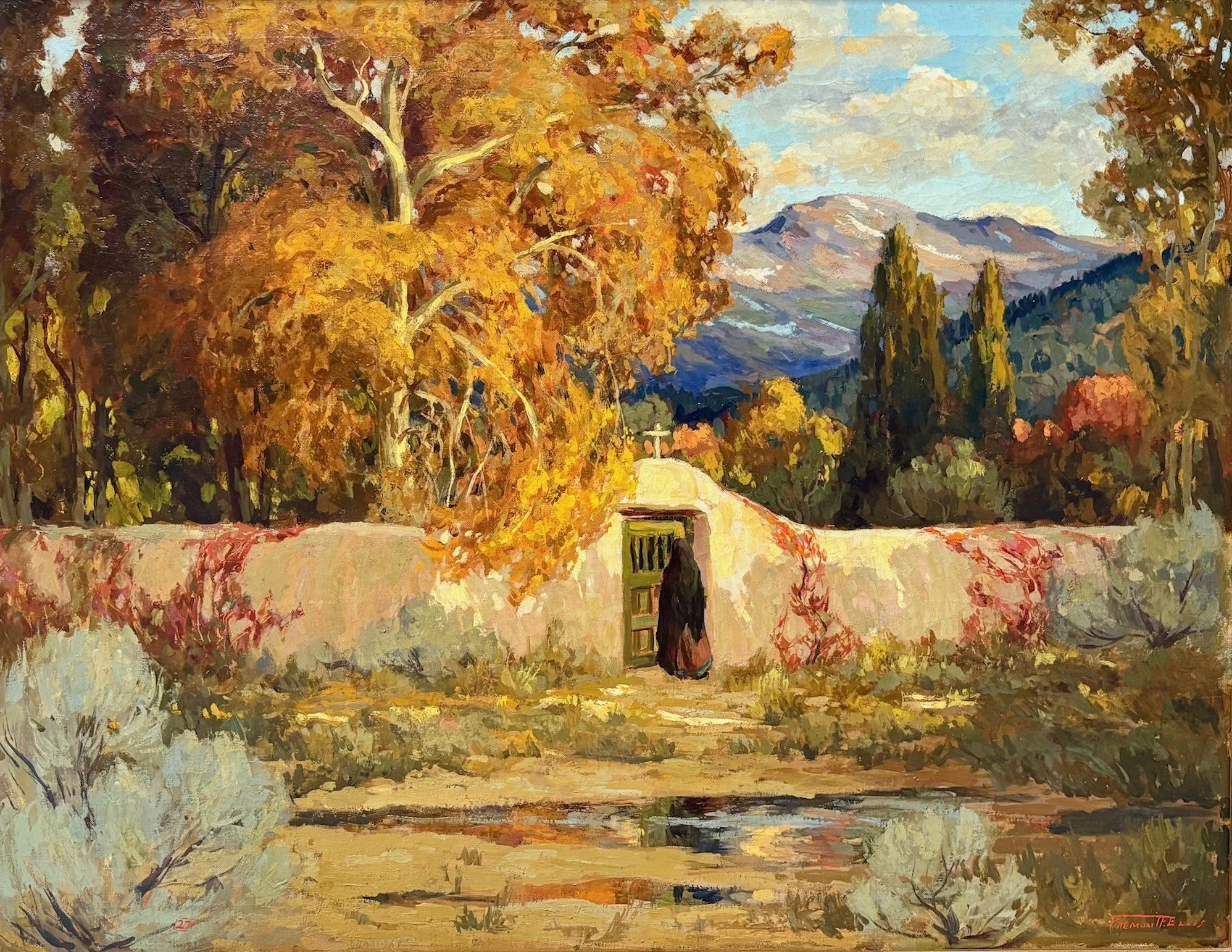 Painting of a landscape with a stone wall, open gate, trees with autumn leaves, mountains in the background, and a person wearing a dark cloak walking through the gate.