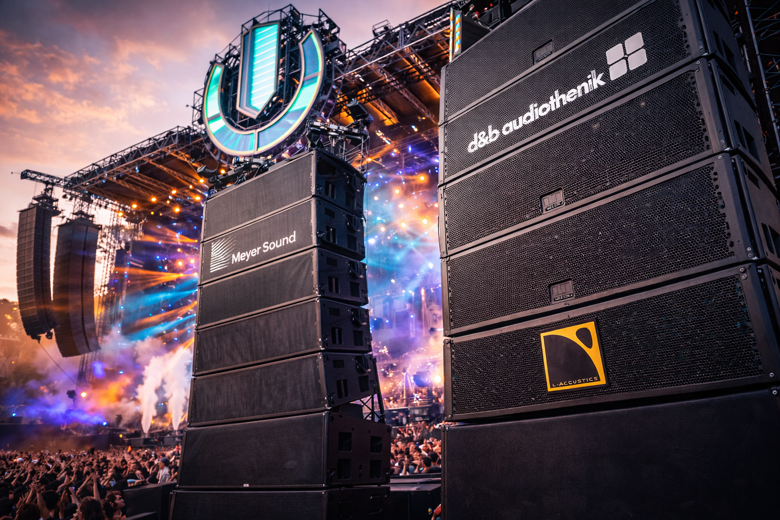 Ultra Music Festival speaker setup at sunset