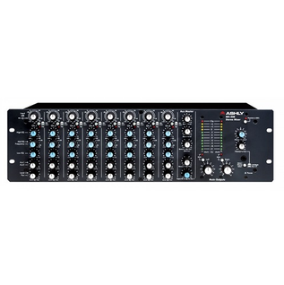 Audio mixer with multiple knobs and sliders, branding logo on the right, and level meters on the right side.