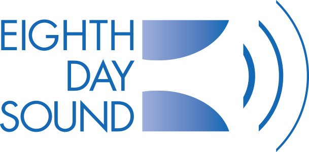 Logo for Eighth Day Sound, featuring blue text and sound wave symbols.