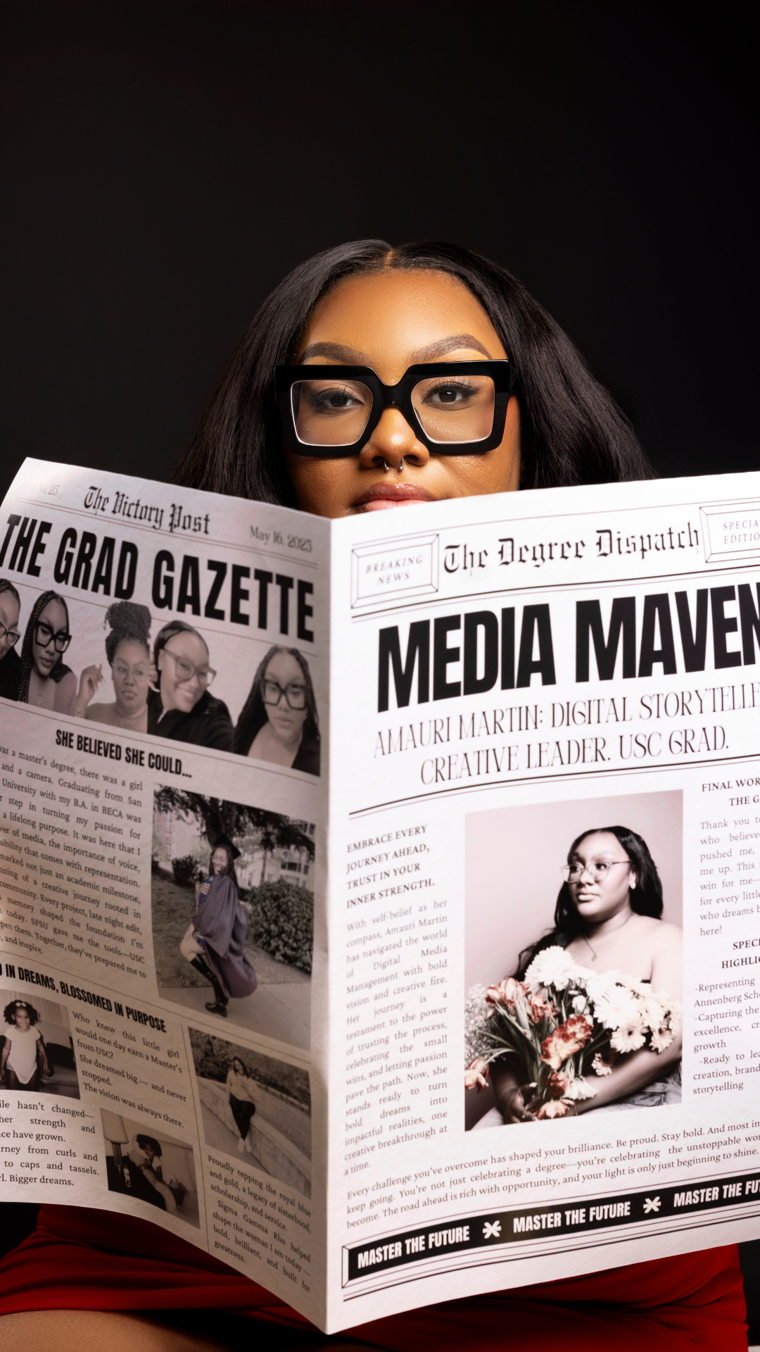 A young woman with long dark hair, glasses, and a septum piercing holds a newspaper titled 'The Grad Gazette' and 'Media Maven', reading it intently.