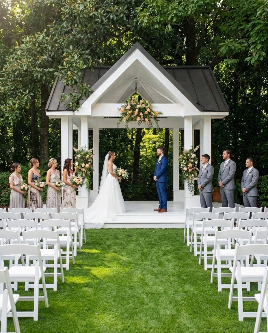 A wedding ceremony taking place outdoors in front of a white gazebo decorated with flowers. The bride and groom stand facing each other, with bridesmaids on the left and groomsmen on the right. White chairs are arranged on the grass, and trees surround the area.