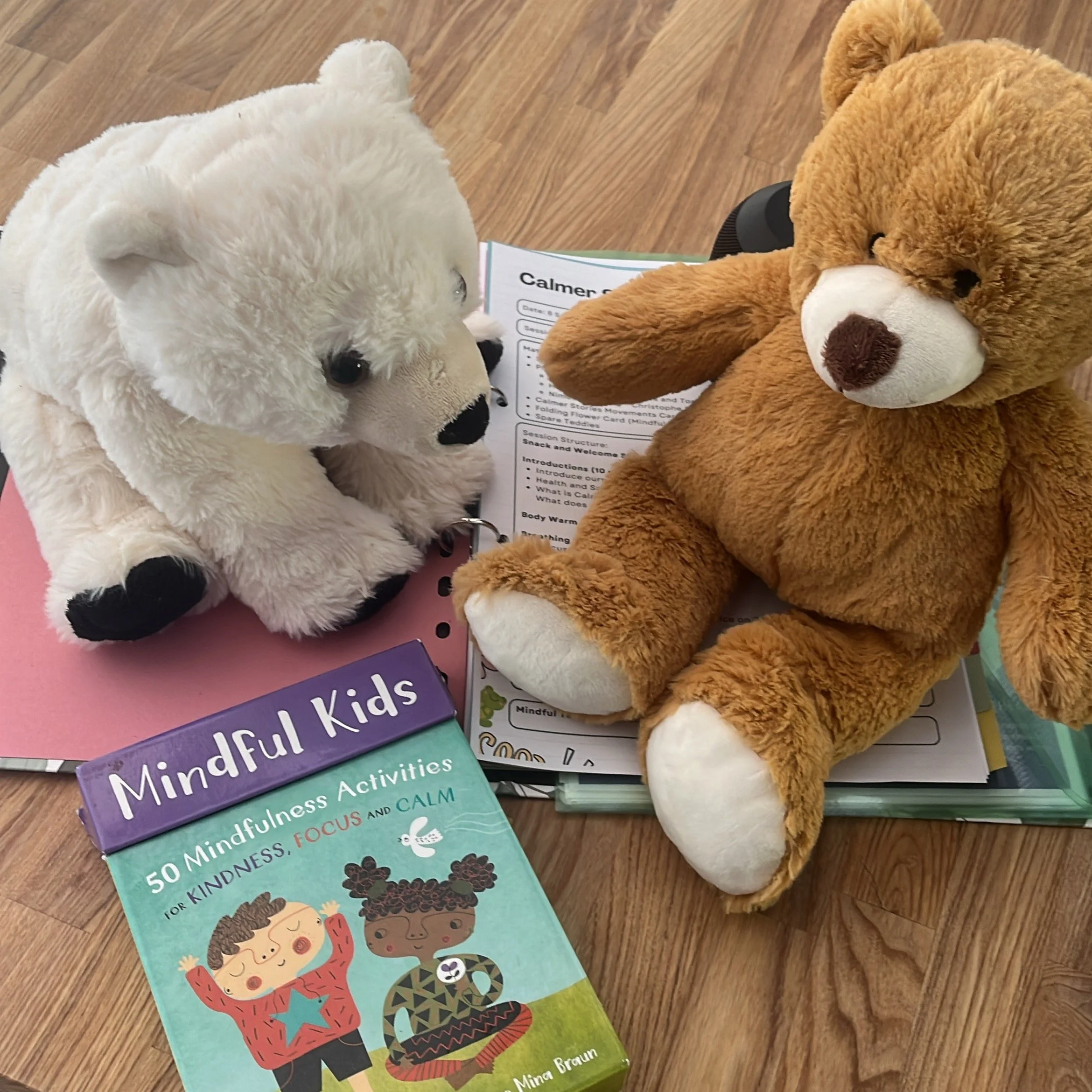 Two stuffed animal bears, one white and one brown, lie on a wooden surface next to a colorful book titled "50 Mindful Activities for Kindness," with a purple binder underneath and a pink item nearby.