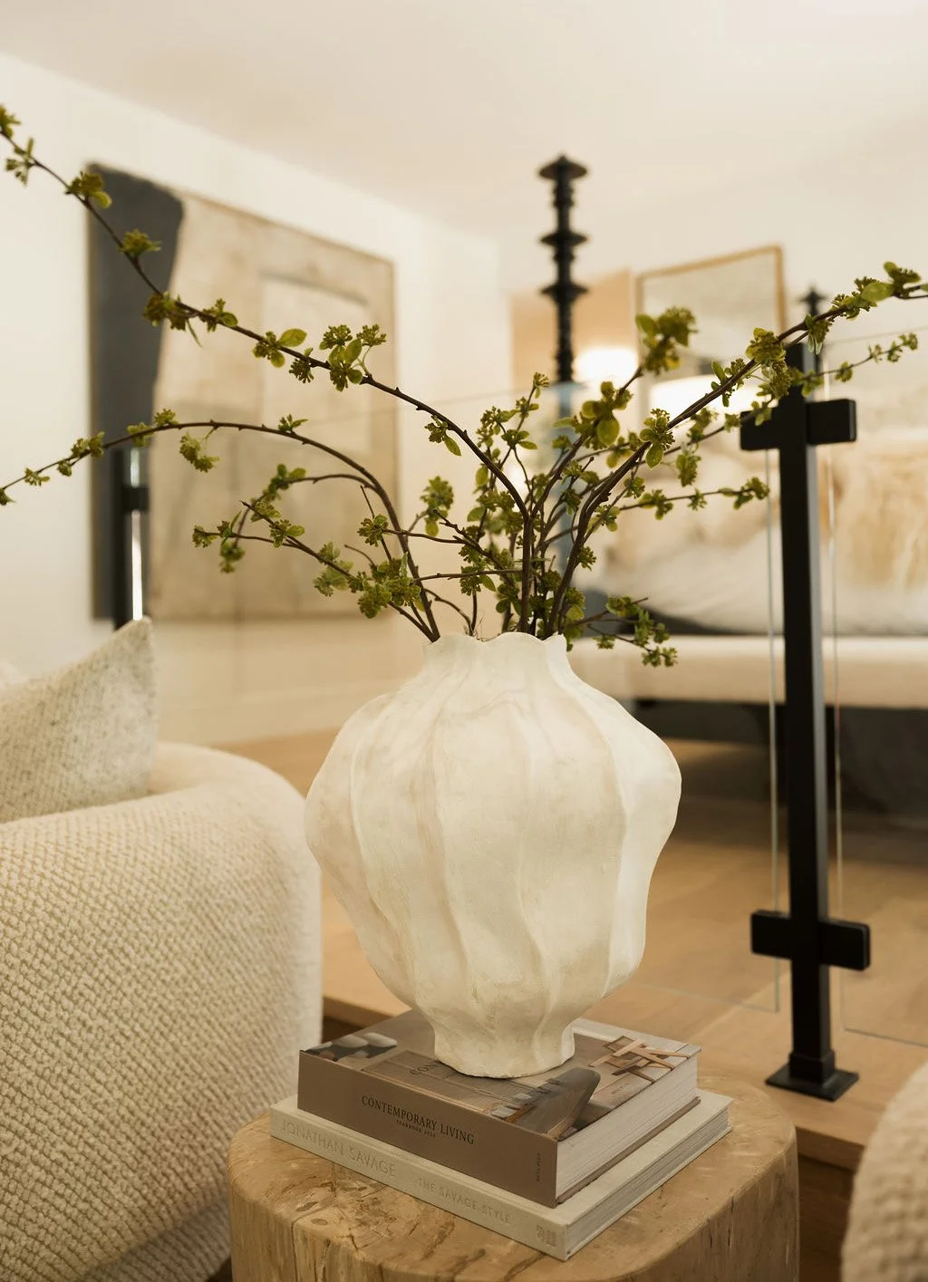 bedroom styling in cream and neutral colors