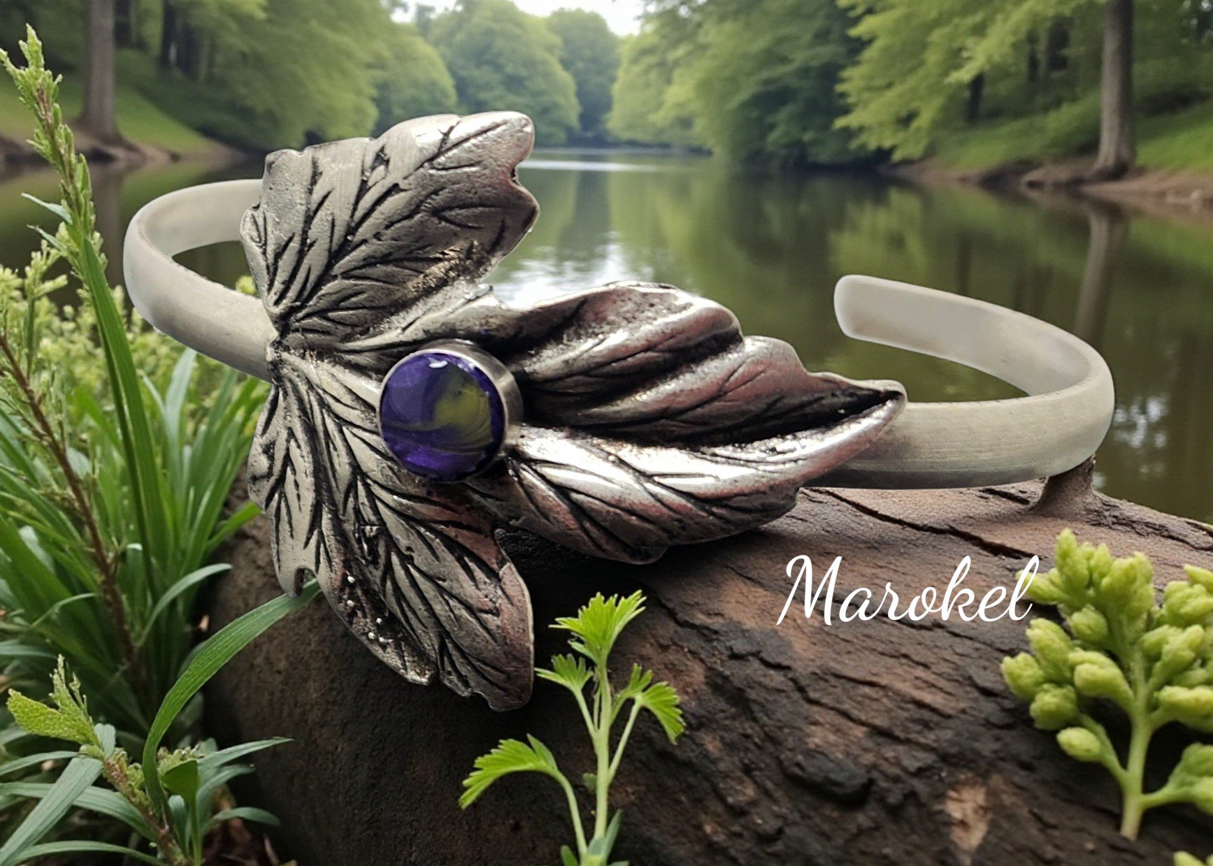 Purple Silver Leaf Cuff Design Adjustable Hand Painted