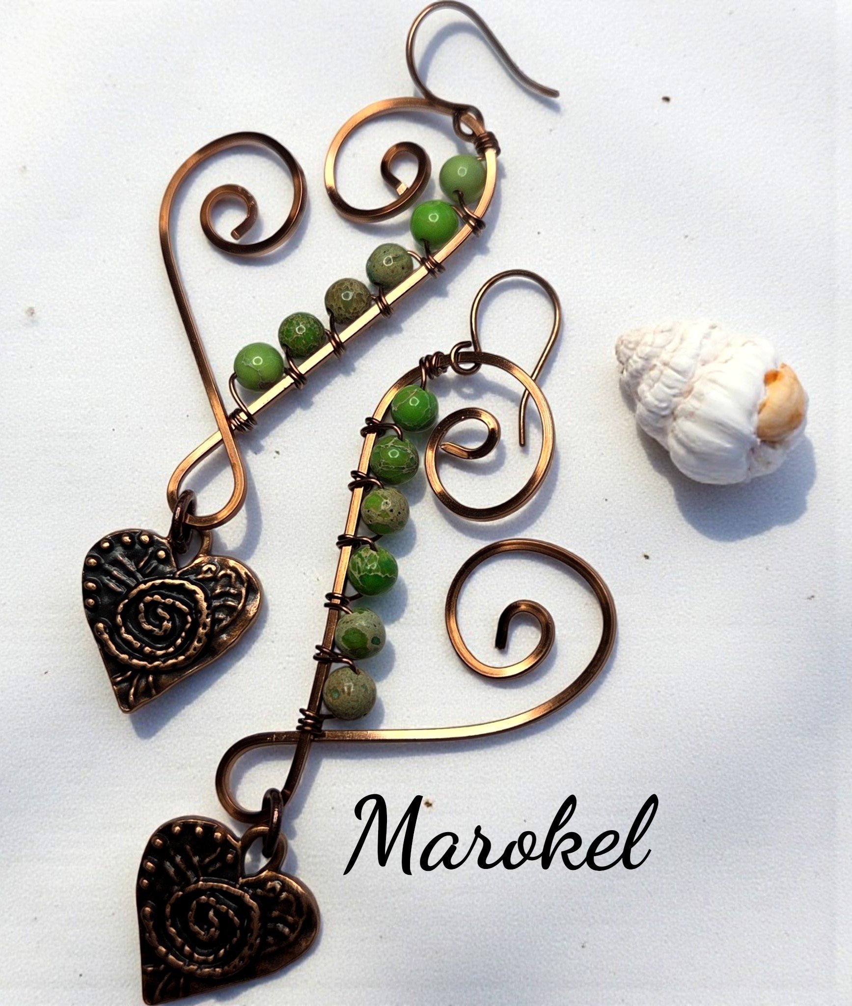 Asymmetrical Copper Heart Earrings Dangle Wire Wrapped Green Impression Jasper