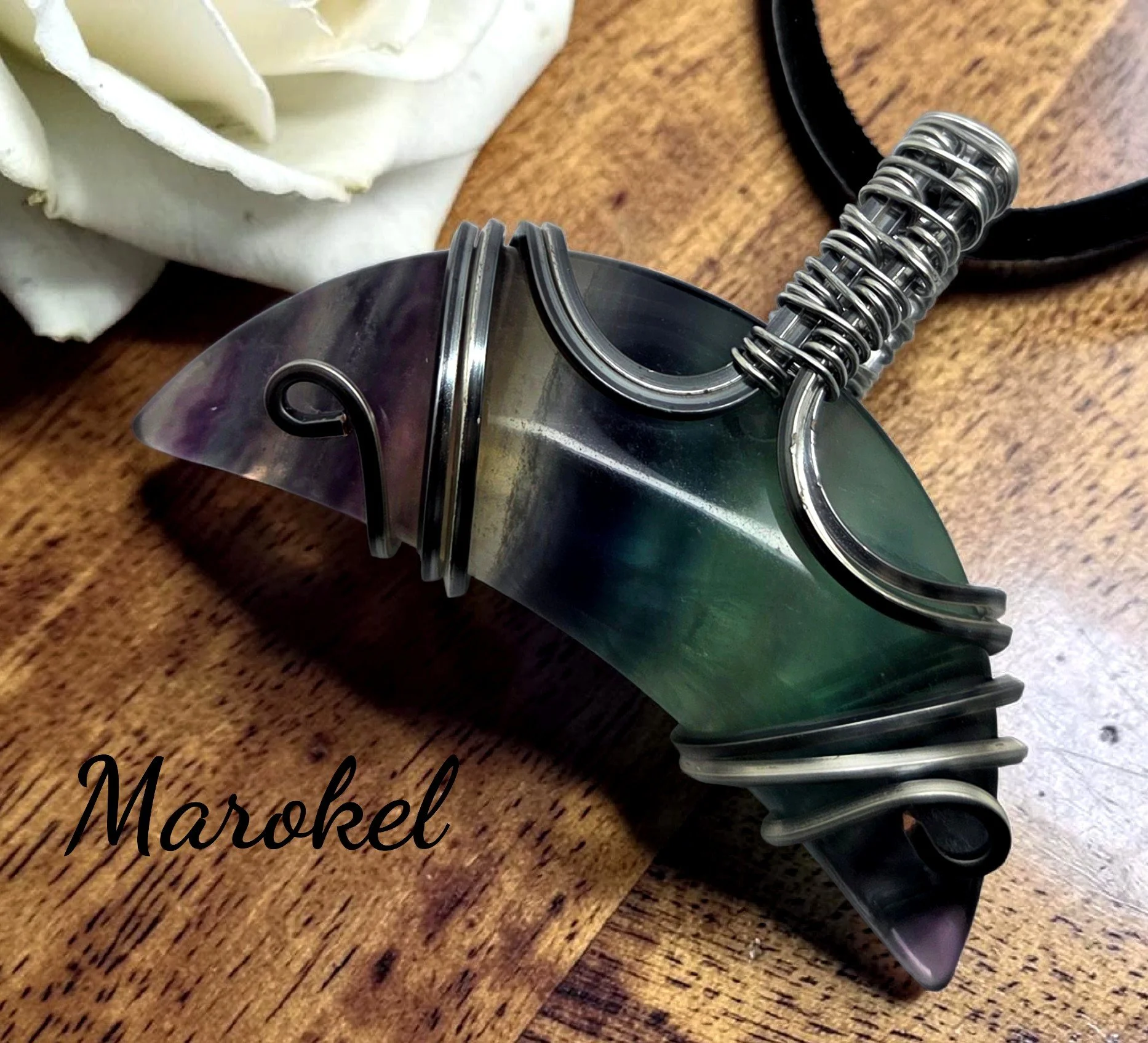 Fluorite Lunar Pendant Titanium Wire Wrapped Necklace