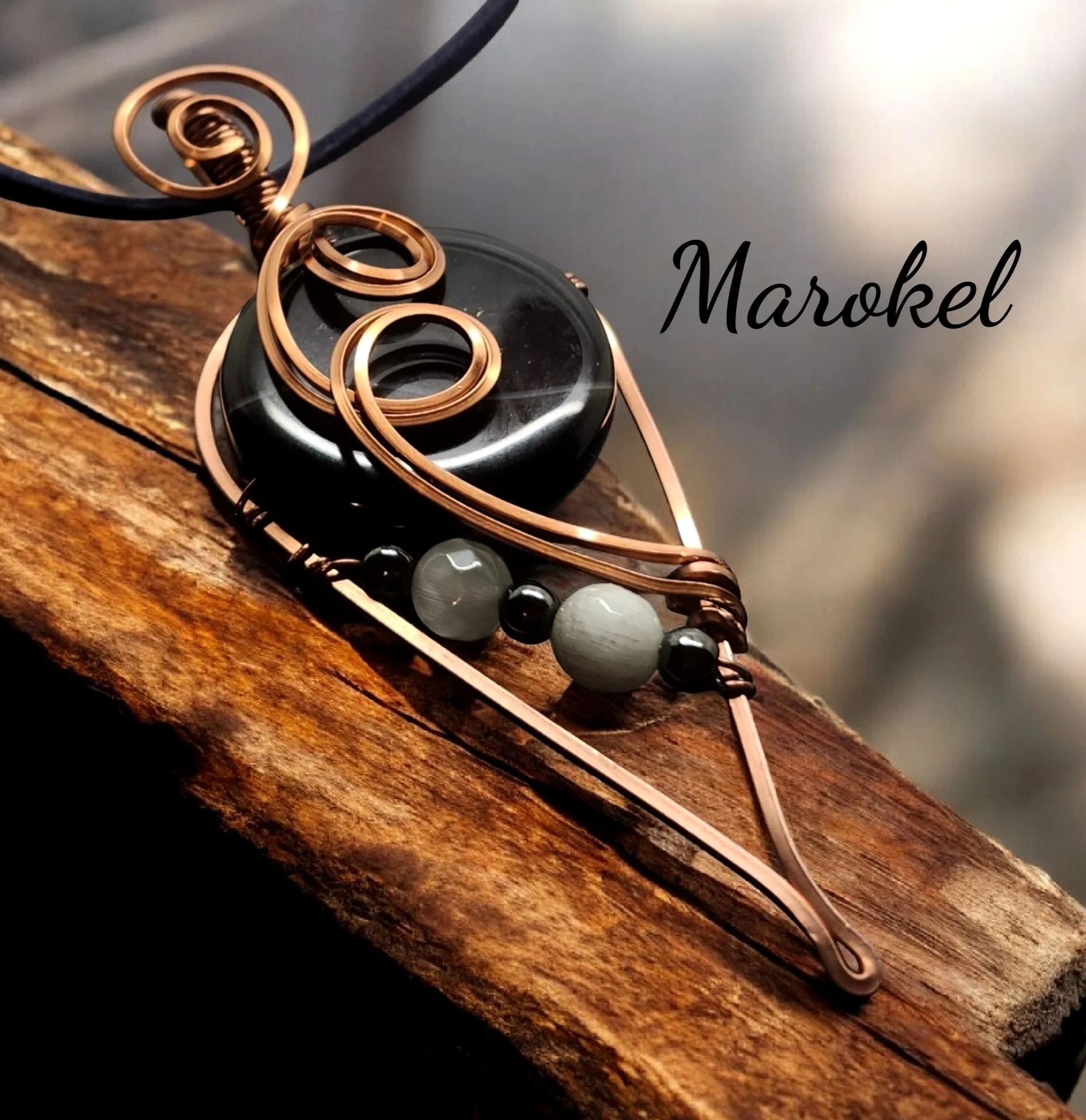 Tuxedo Agate Necklace copper Wire Wrapped black White Hematite