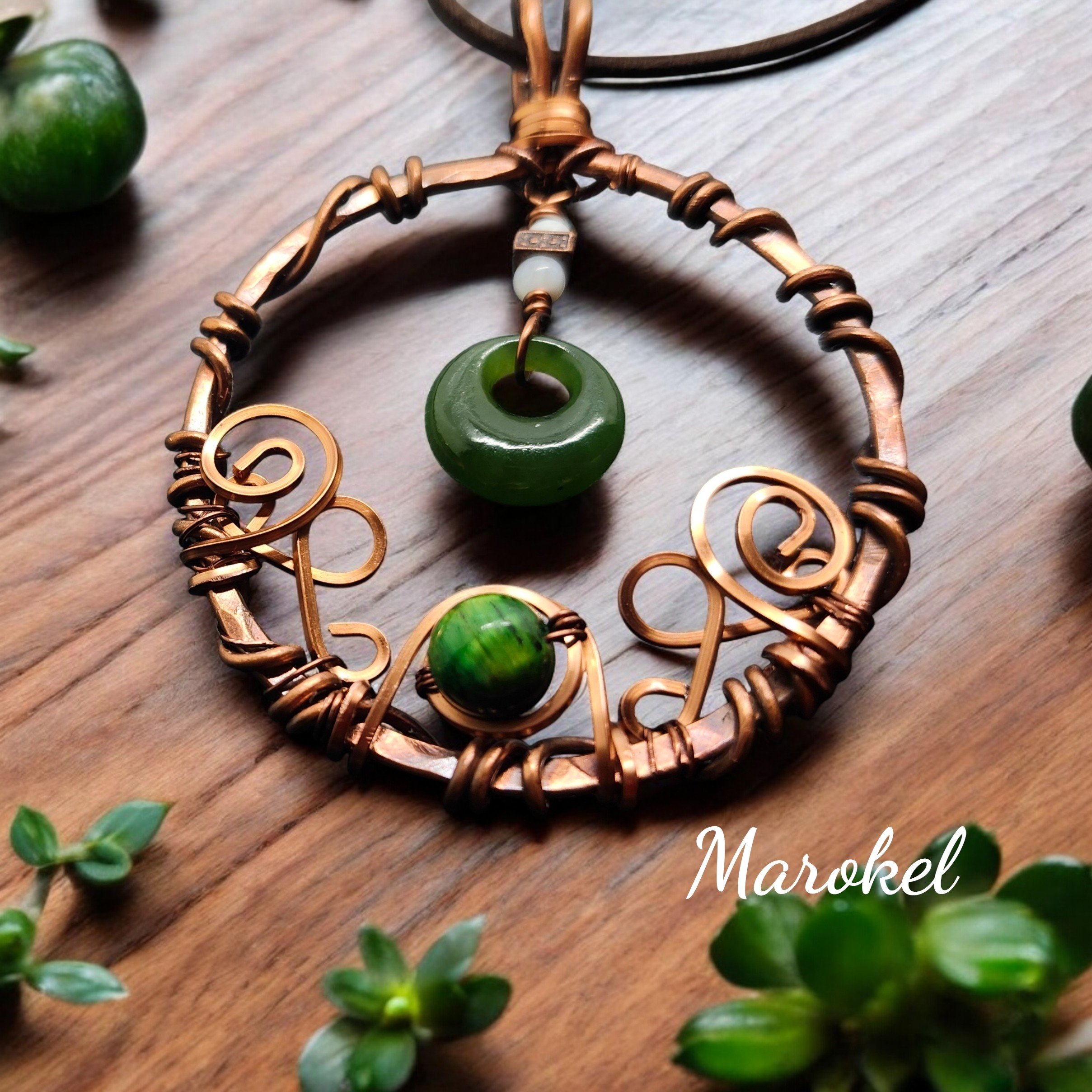 Nephrite Jade And Green Tiger Eye Necklace Square Copper Wire Wrap