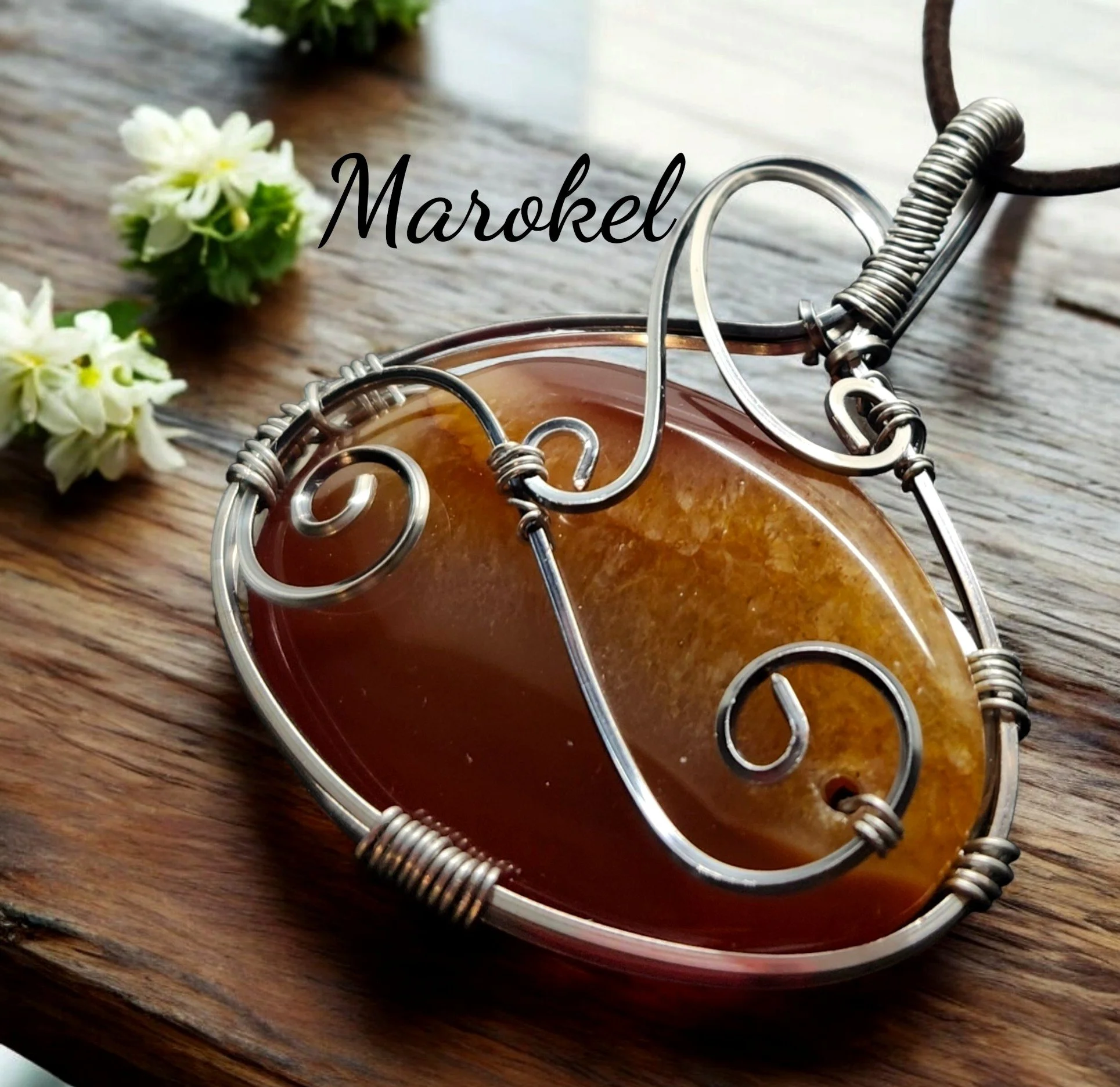 Fire Agate Necklace Titanium Wire Wrapped Oval