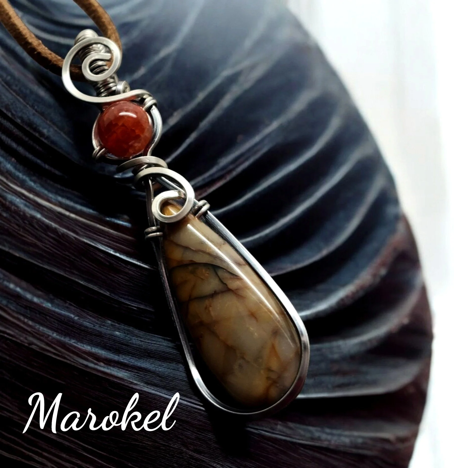 Red Cherry Creek Jasper Teardrop Pendant Titanium Wire Wrapped Fire Agate