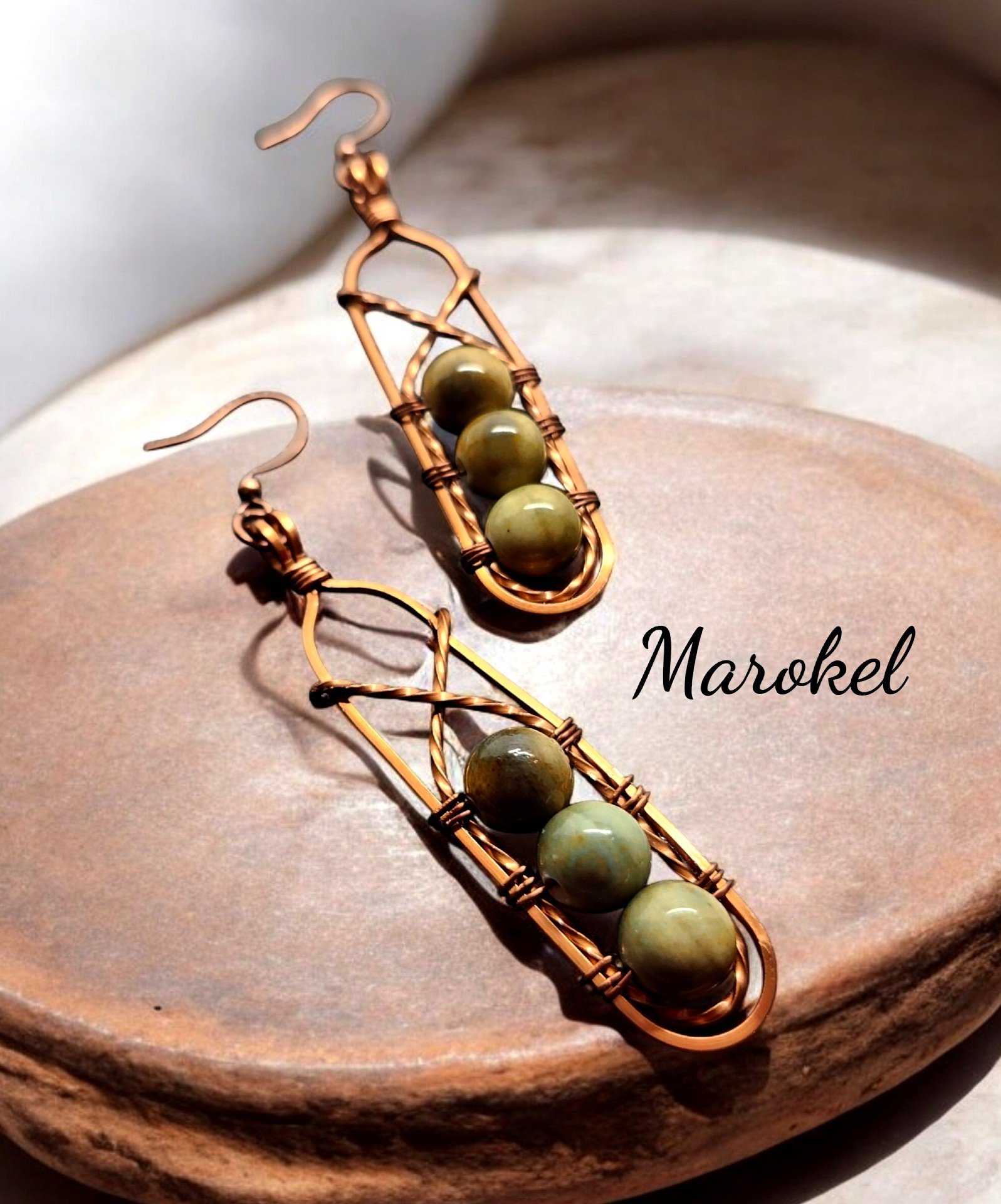 Taupe Pottery bead Earrings Copper Wire Wrapped