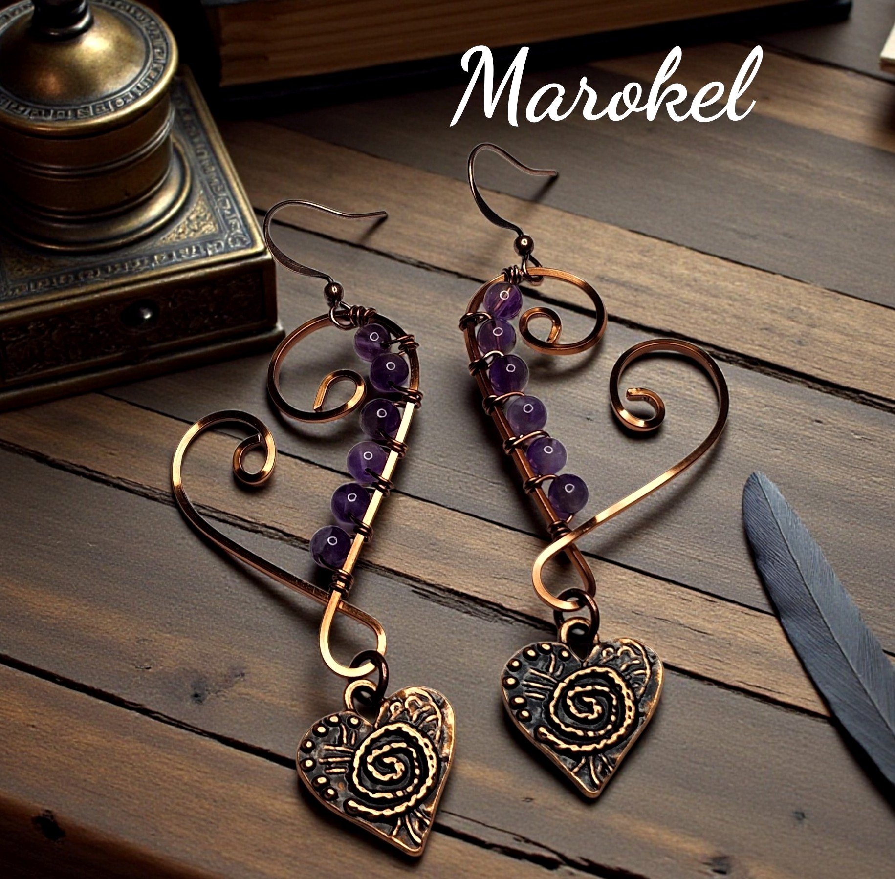 Asymmetrical Copper Heart Earrings Dangle Wire Wrapped Amethyst Heart Charm