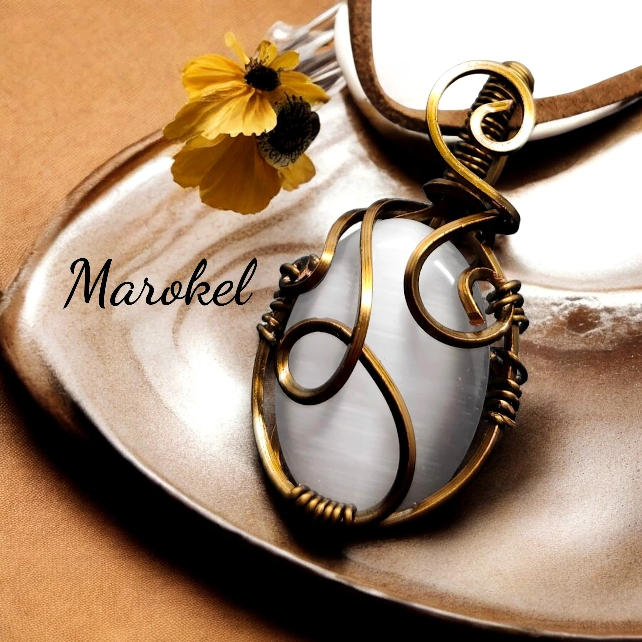 White cats Eye Necklace Brass Wire Wrap