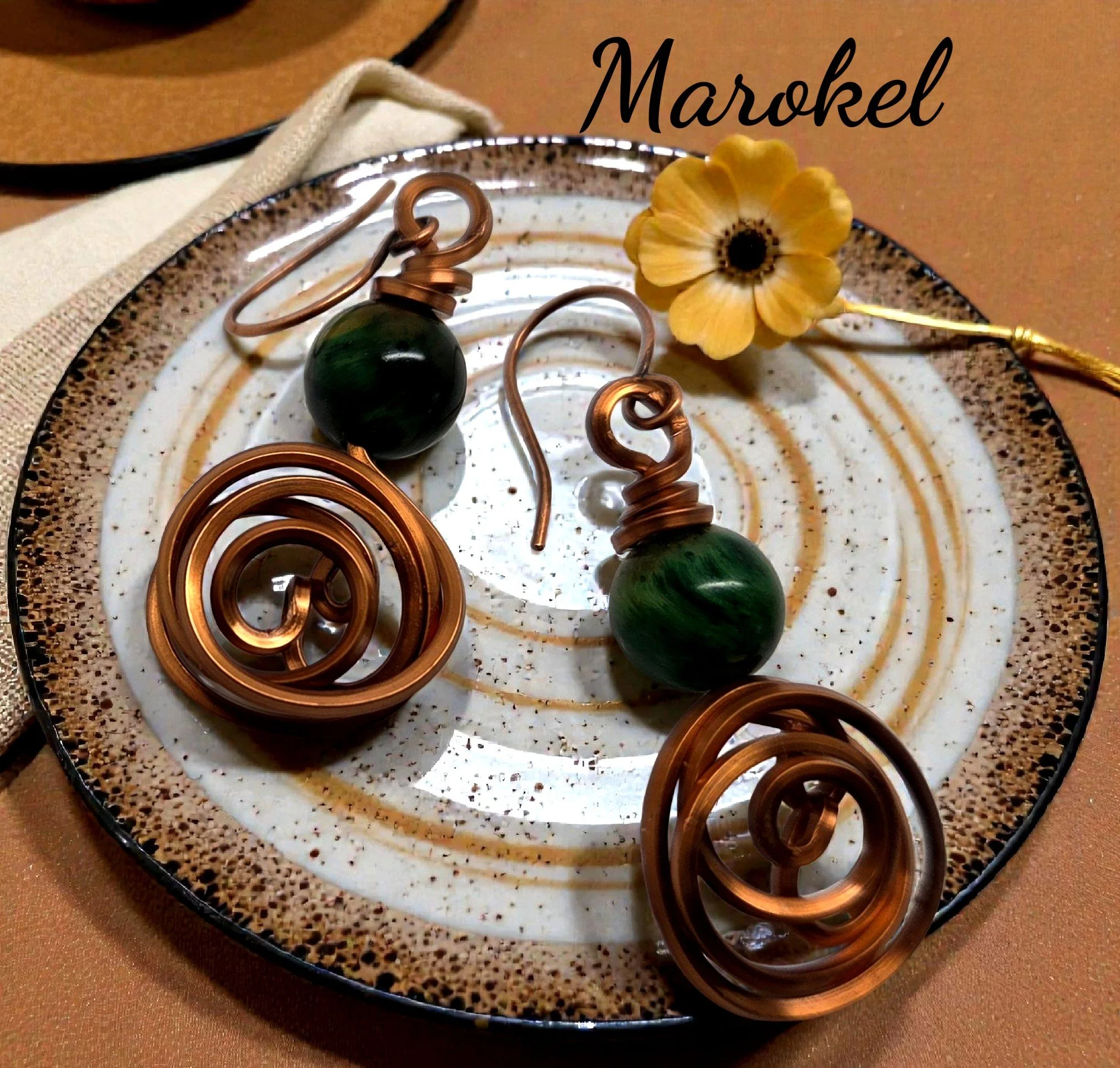 Green Tiger Eye Rosette Copper Wire Earrings Abstract