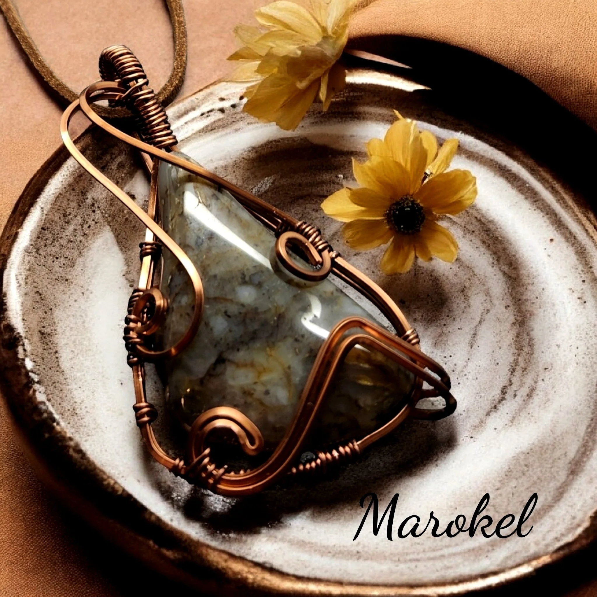 Dendritic Agate Stone Necklace Copper  Wire wrap