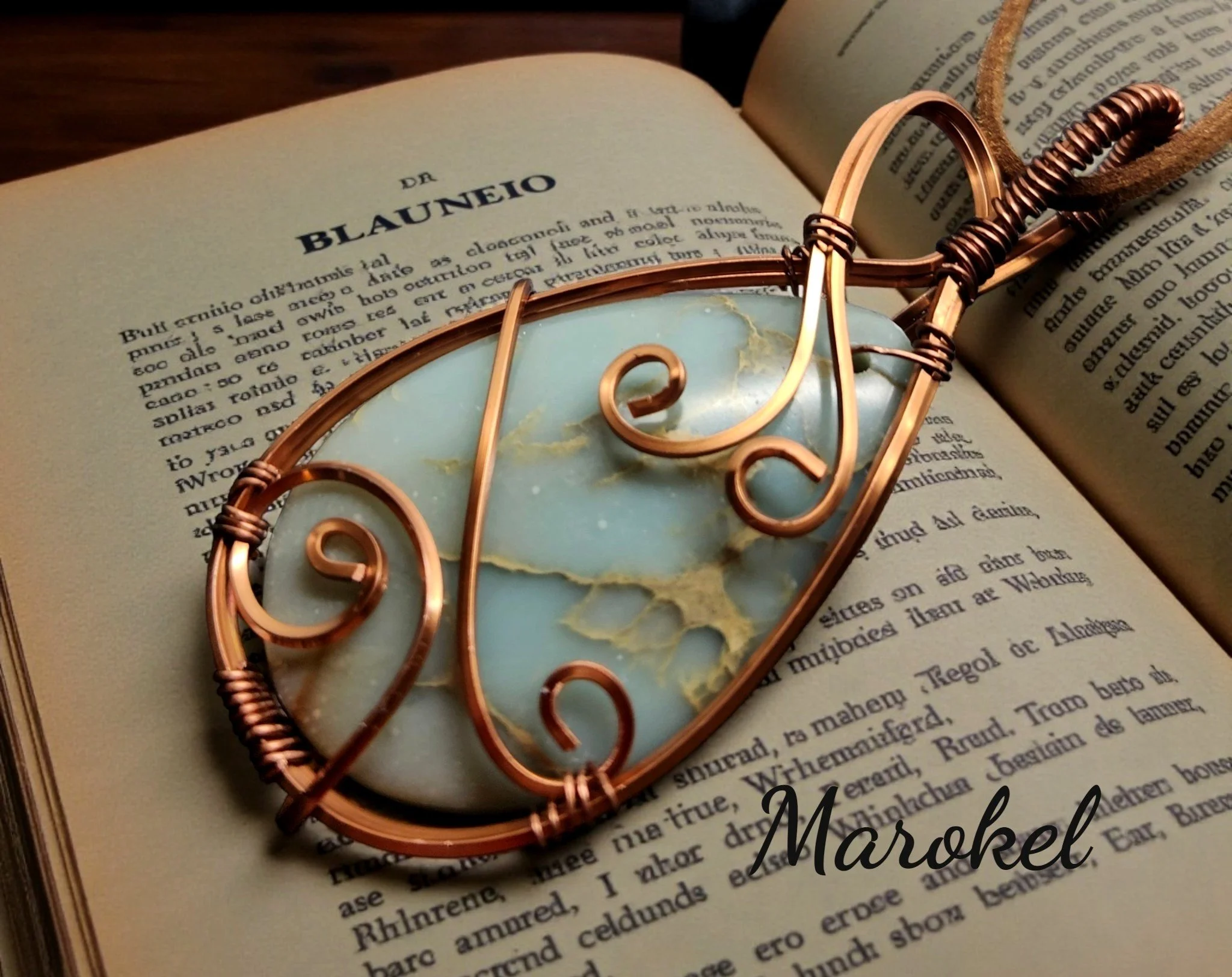 Impression Jasper Necklace Copper Wire Wrap Teardrop