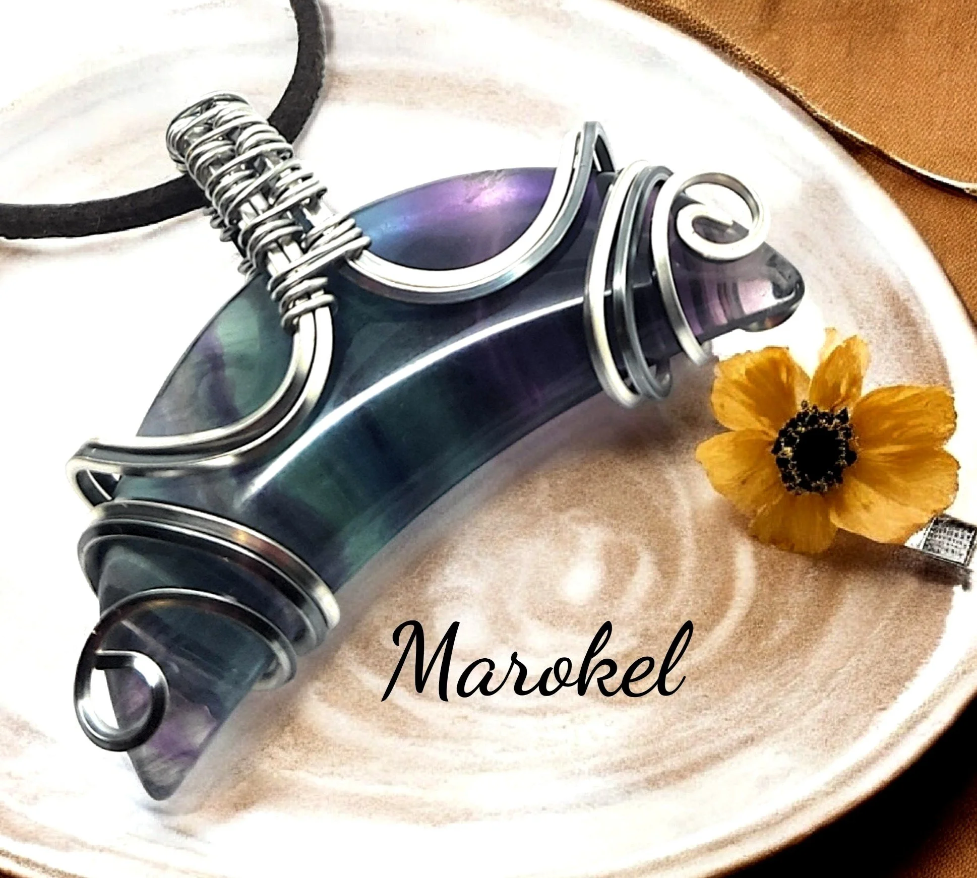 Fluorite Lunar Pendant Titanium Wire Wrapped Necklace