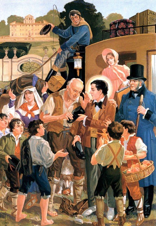 San Vicente de joven haciendo actos de caridad para los campesinos de la finca de su padre