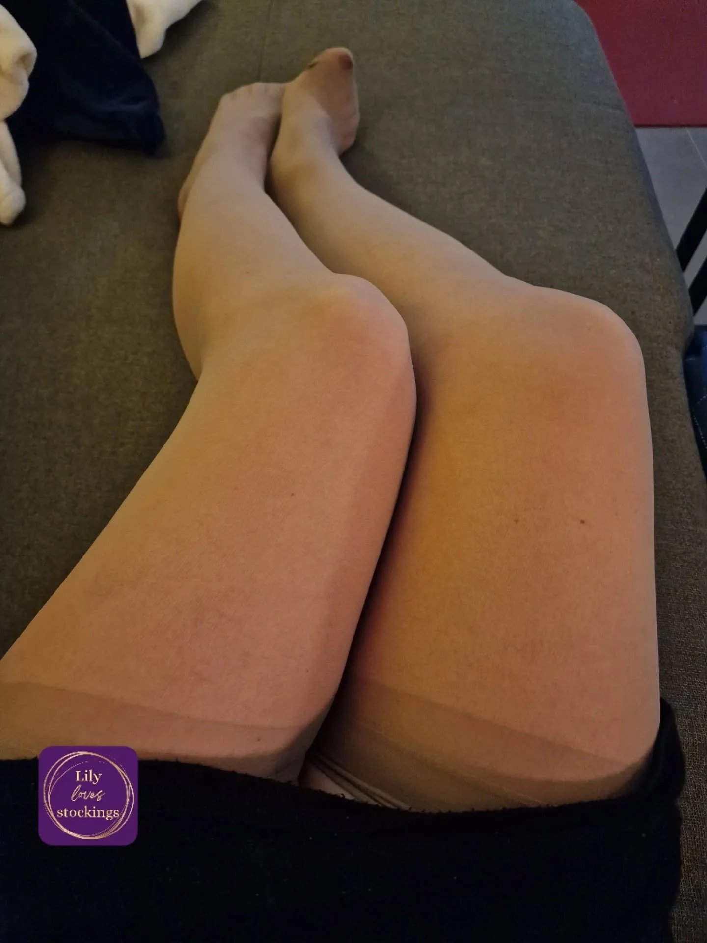 Found a ladder in my stockings while taking these photos on the sofa 😀.

Have a nice evening, 
Yours
Lily 💜 

Please note: Me, the real Lily loves Stockings, is only active on Instagram. No other social media platforms apart from my own website, se