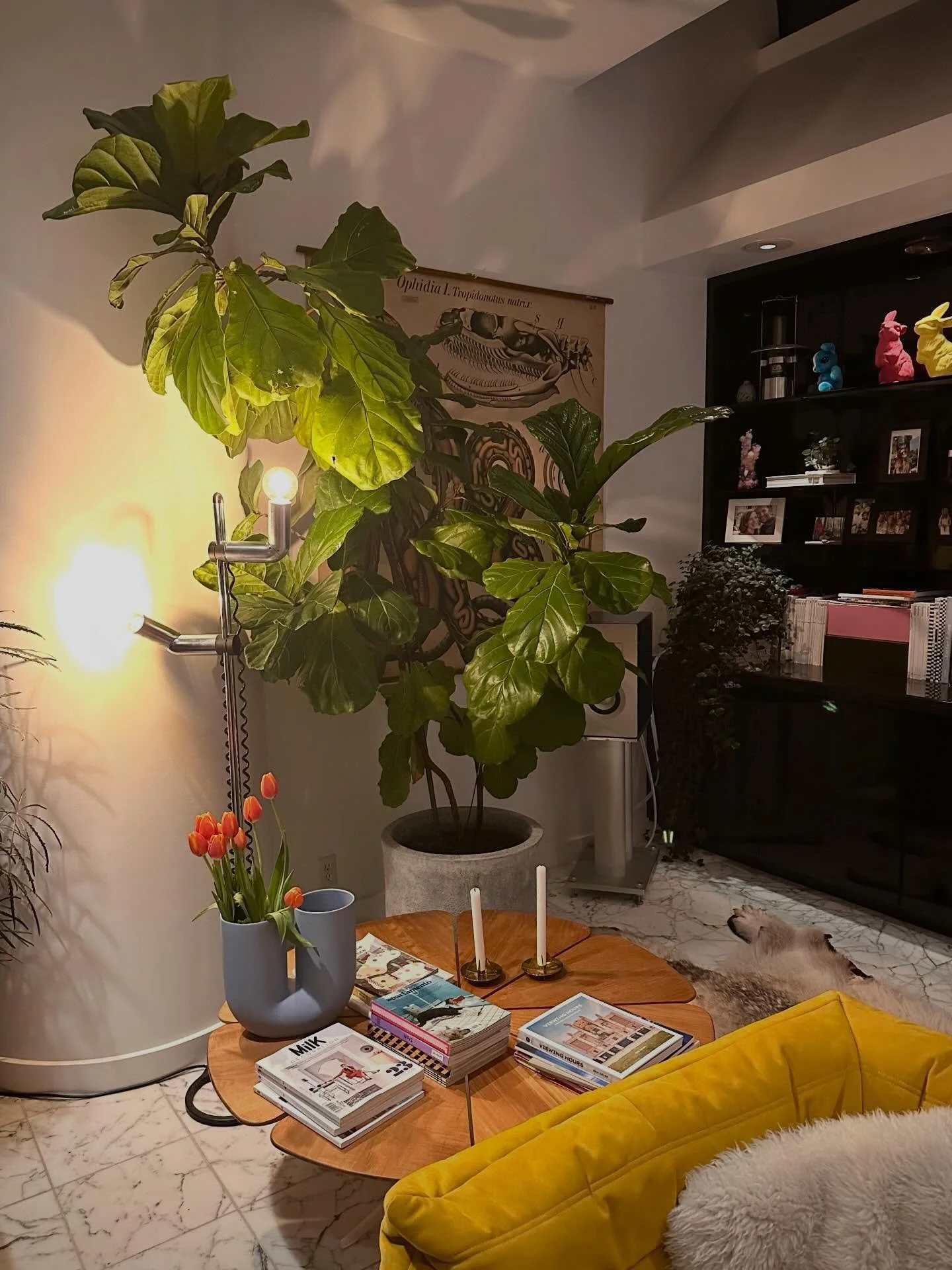 The mix gives the warmth, especially in the winter:

Favorite table #richardschultz for @knoll from @hive_modern mixing it up with the big Fig 🌱, @muutodesign vase from @woonwinkel and some 🌷 trying to channel Spring and it&rsquo;s working. Don&rsq