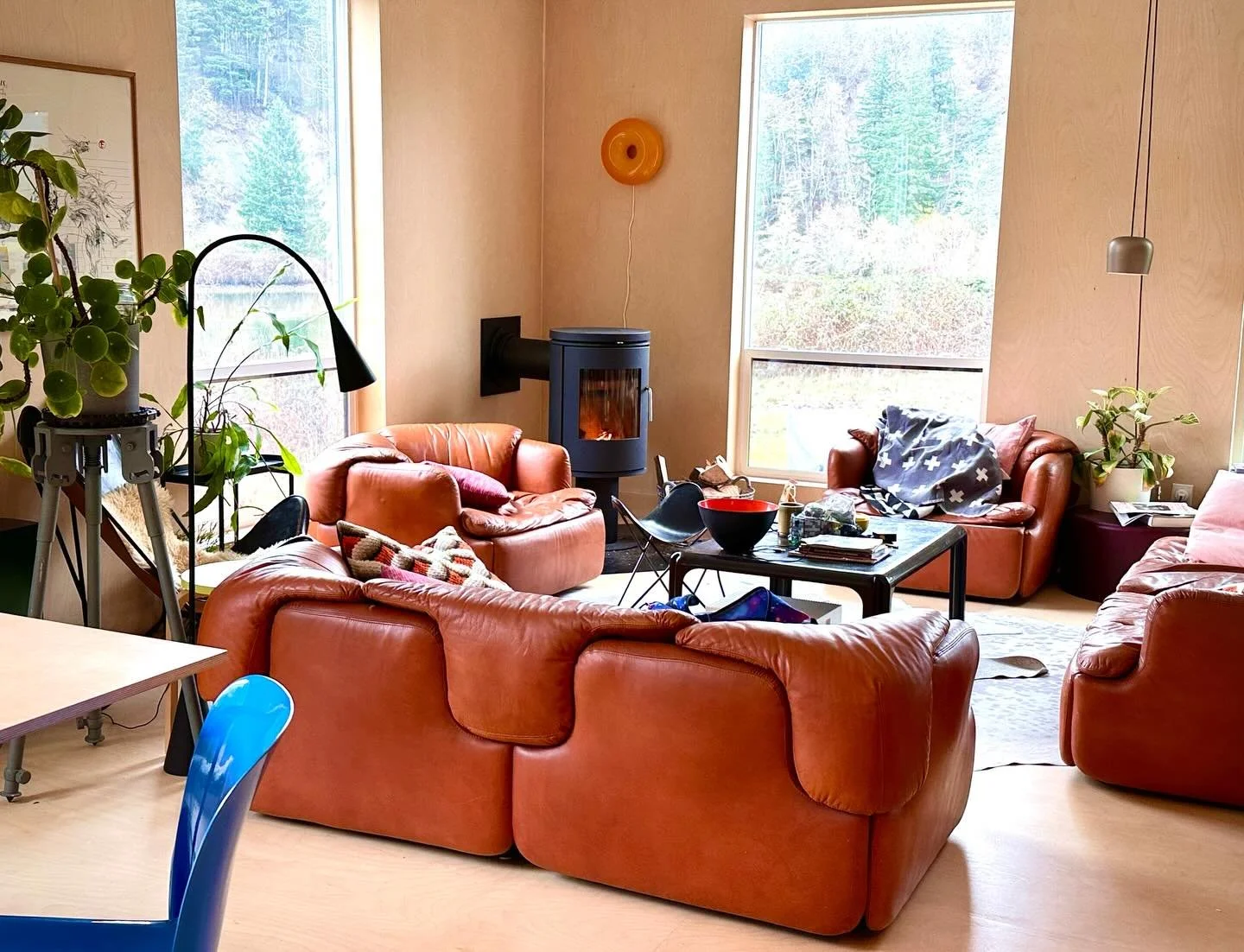 Cozy cabin life in the Columbia gorge

Vintage #confidentialsofa by #saporiti from @midcenturyla 

In foreground, #vicomagistretti blue Selene chair from @thegoodmod 

Aim pendant lamp by @ronanerwanbouroullec for @flos from @mr.studio.designs