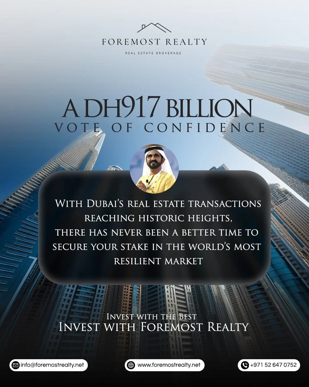 History is written by those who deliver on their promises. 🇦🇪

As announced by H.H. Sheikh Mohammed bin Rashid Al Maktoum, Dubai&rsquo;s real estate sector has shattered all records, reaching a staggering Dh917 Billion in transactions for 2025. Thi