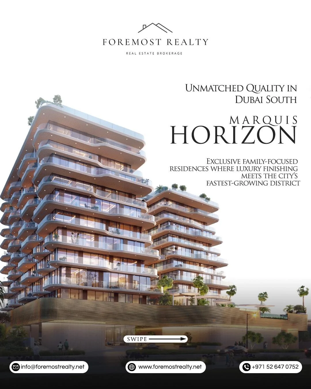 Premium living has officially arrived in Dubai South. 

Marquis Horizon brings signature quality to a boutique, family-focused community. With only 175 exclusive units and a massive 23,000 sqft amenity zone, this is low-density luxury designed for th