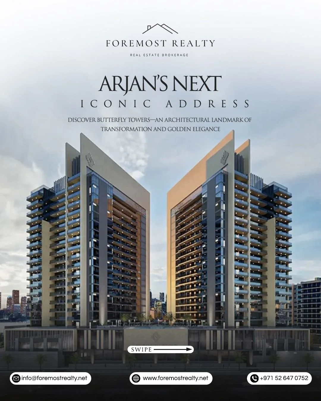 Transformation is a lifestyle at Butterfly Towers. Rising in the heart of Arjan, these twin towers by Al Sayyah Group symbolize growth through striking design and golden accents.

The Highlights:
✔ Fully Furnished: Premium studios, 1-bed, and 2-bed a