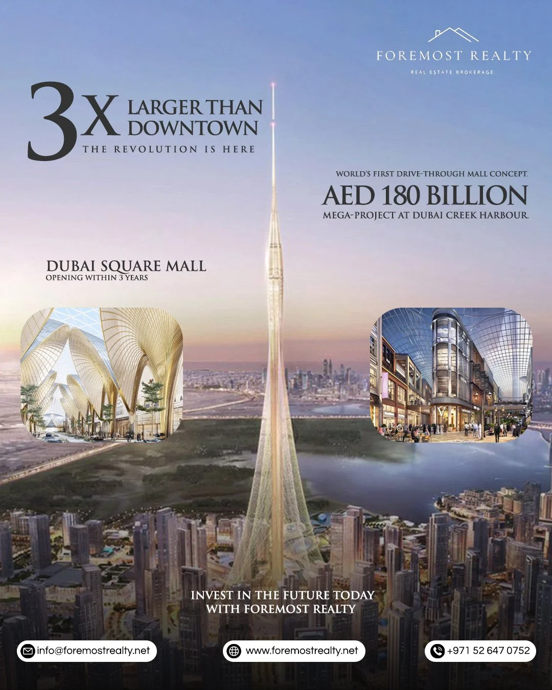 Welcome to Dubai Square, an AED 180 Billion mega-project that redefines retail. Featuring the world's first drive-through mall concept!

The Evolution: 
🚗 World&rsquo;s First Drive-Through Mall
📍 Dubai Creek Harbour
⌛ Opening within 3 years

🔗 Inv