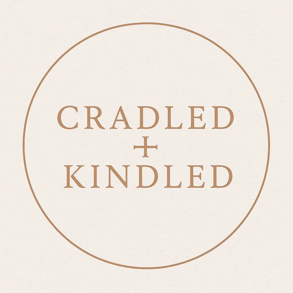 Logo with the words "Cradled + Kindled" inside a circle, in brown text on a beige background.