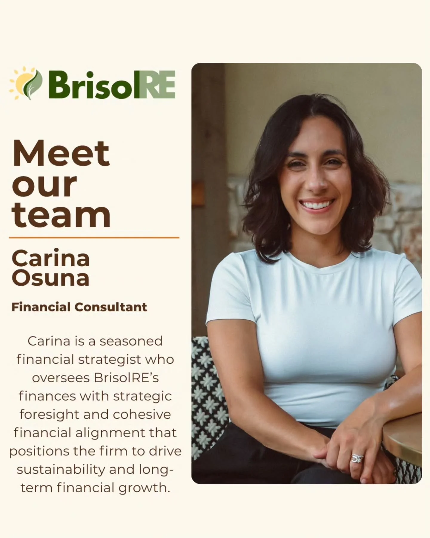 A University of Texas graduate, Carina Osuna is the steady financial mind behind BrisolRE. Her precision, clarity, and disciplined approach shape the firm&rsquo;s financial backbone, ensuring every financial decision is grounded in sound judgment and
