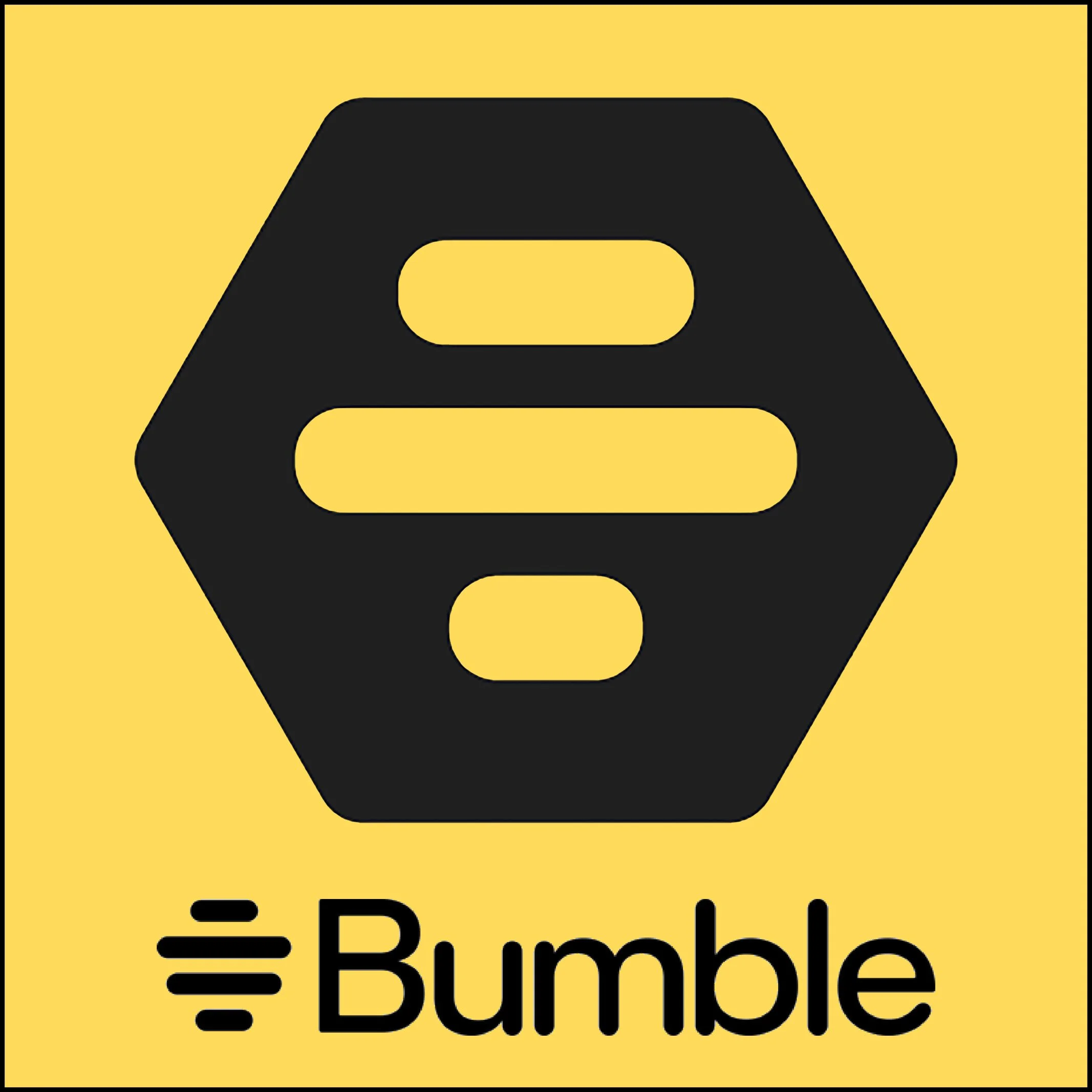 Bumble logo featuring a black honeycomb shape with a stylized bee symbol below it and the word "Bumble" underneath, set against a yellow background.