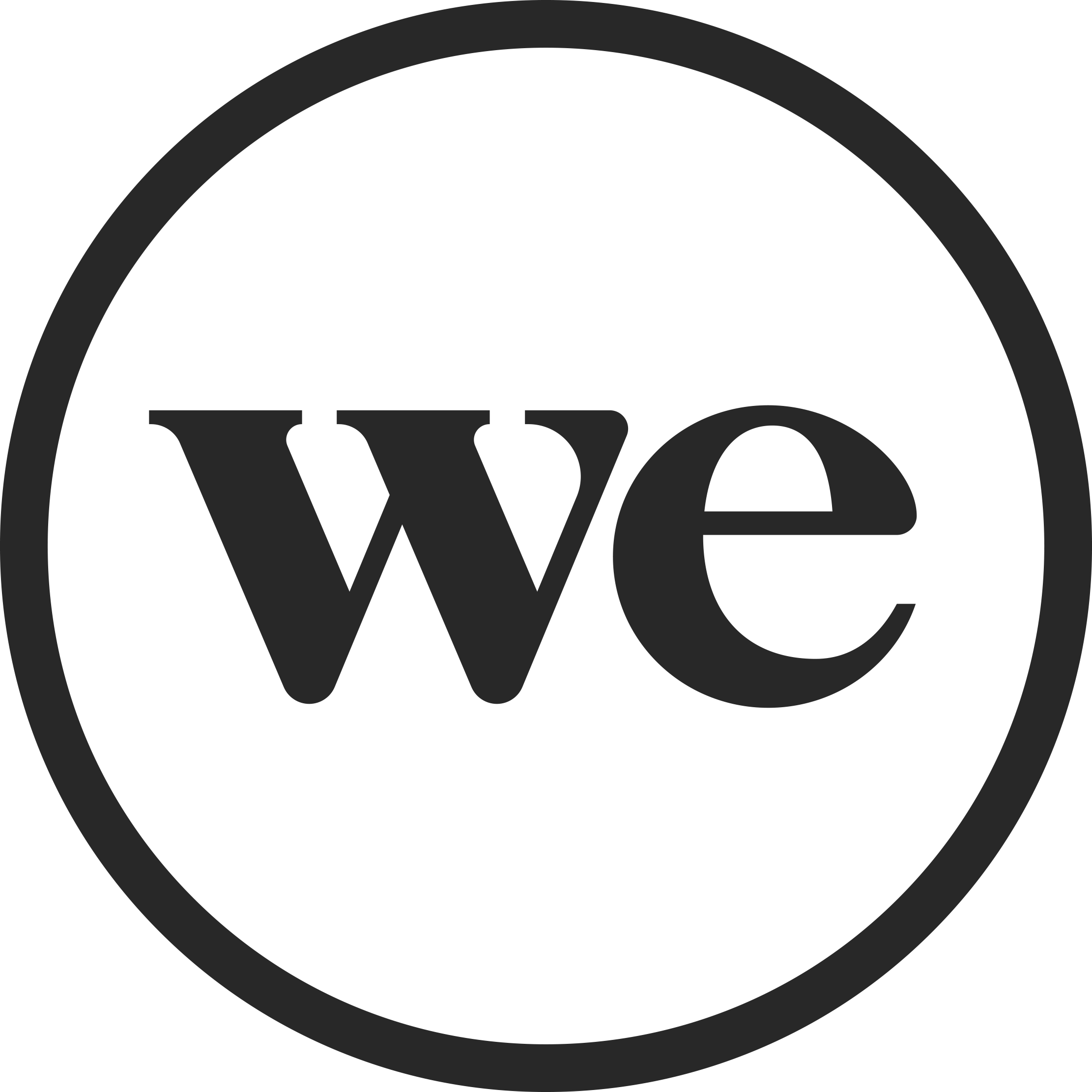A black and white logo with a large circle and the letters 'we' in the center.