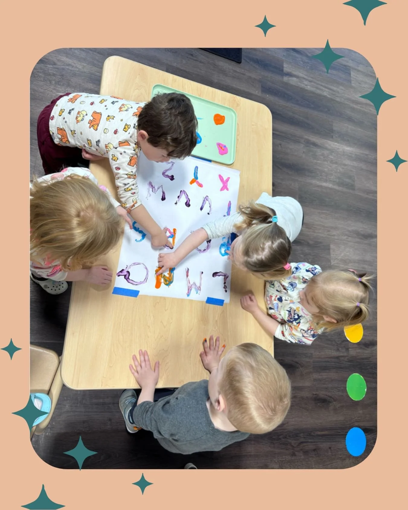 Our friends working together! They finger painted letters as a team. We&rsquo;re working on letter recognition, fine motor skills, mixing of colors and collaboration 🎨