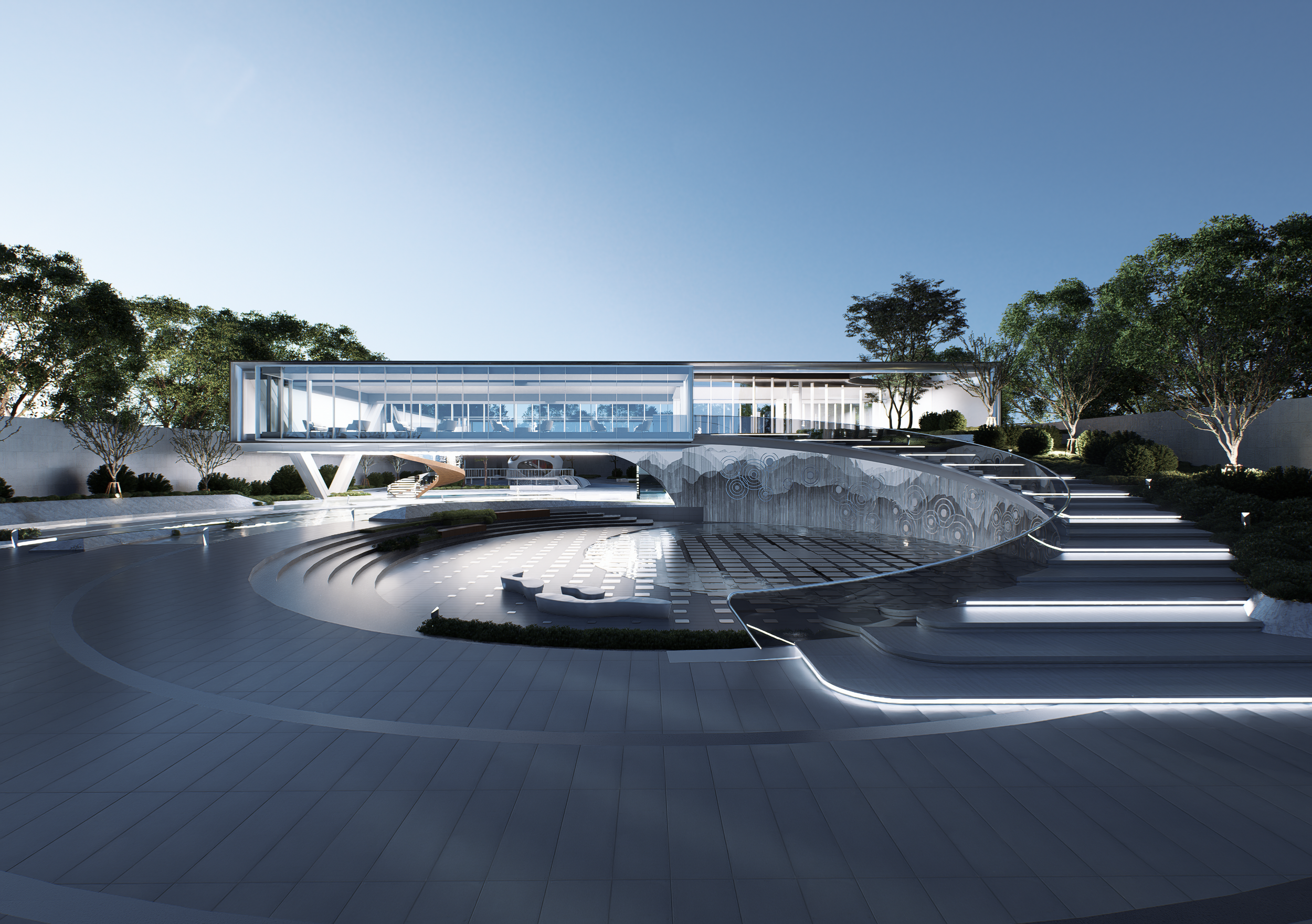Diseño arquitectónico moderno de un edificio de varios niveles con áreas exteriores y escaleras, rodeado de árboles y plantas, en un entorno urbano o de resort