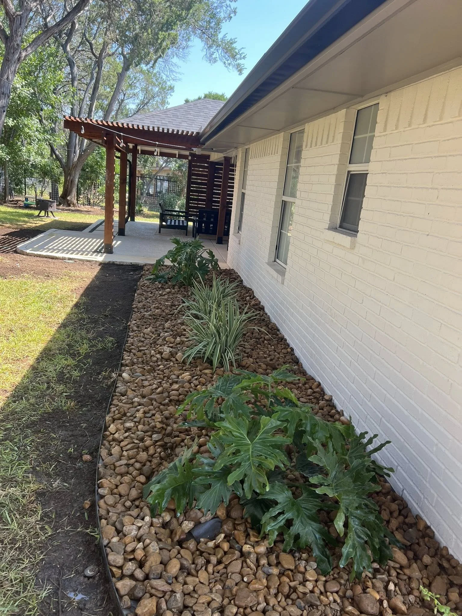 Backyard garden with a rock mulch border, small plants including large green-leafed plants, a white brick house wall with windows, a wooden patio with outdoor furniture, and tall trees in the background.