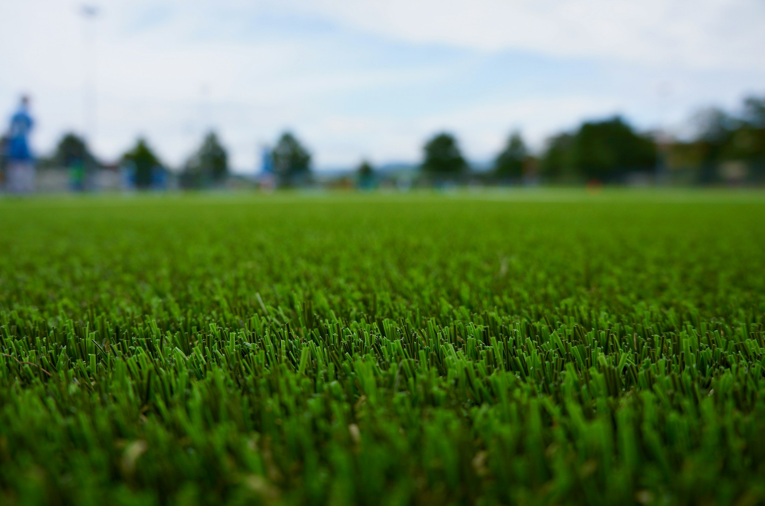 Close-up view of green artificial grass on a field with blurred background of trees and sky.