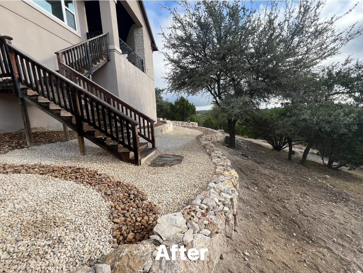 Yard with gravel, rocks, and a wooden staircase leading to the house, with trees and dirt area in the background, labeled 'After'.